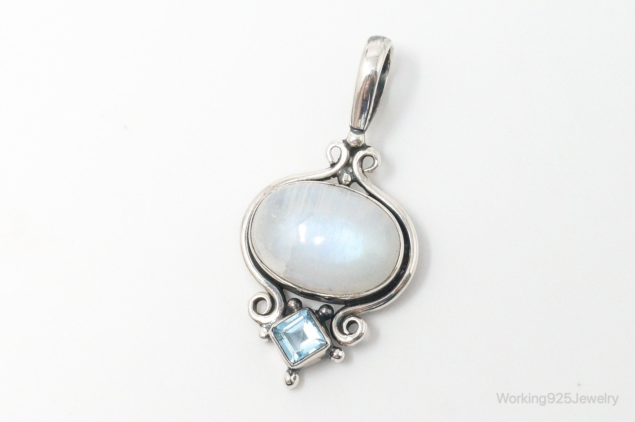 Vintage Blue Topaz Large Moonstone Sterling Necklace Pendant