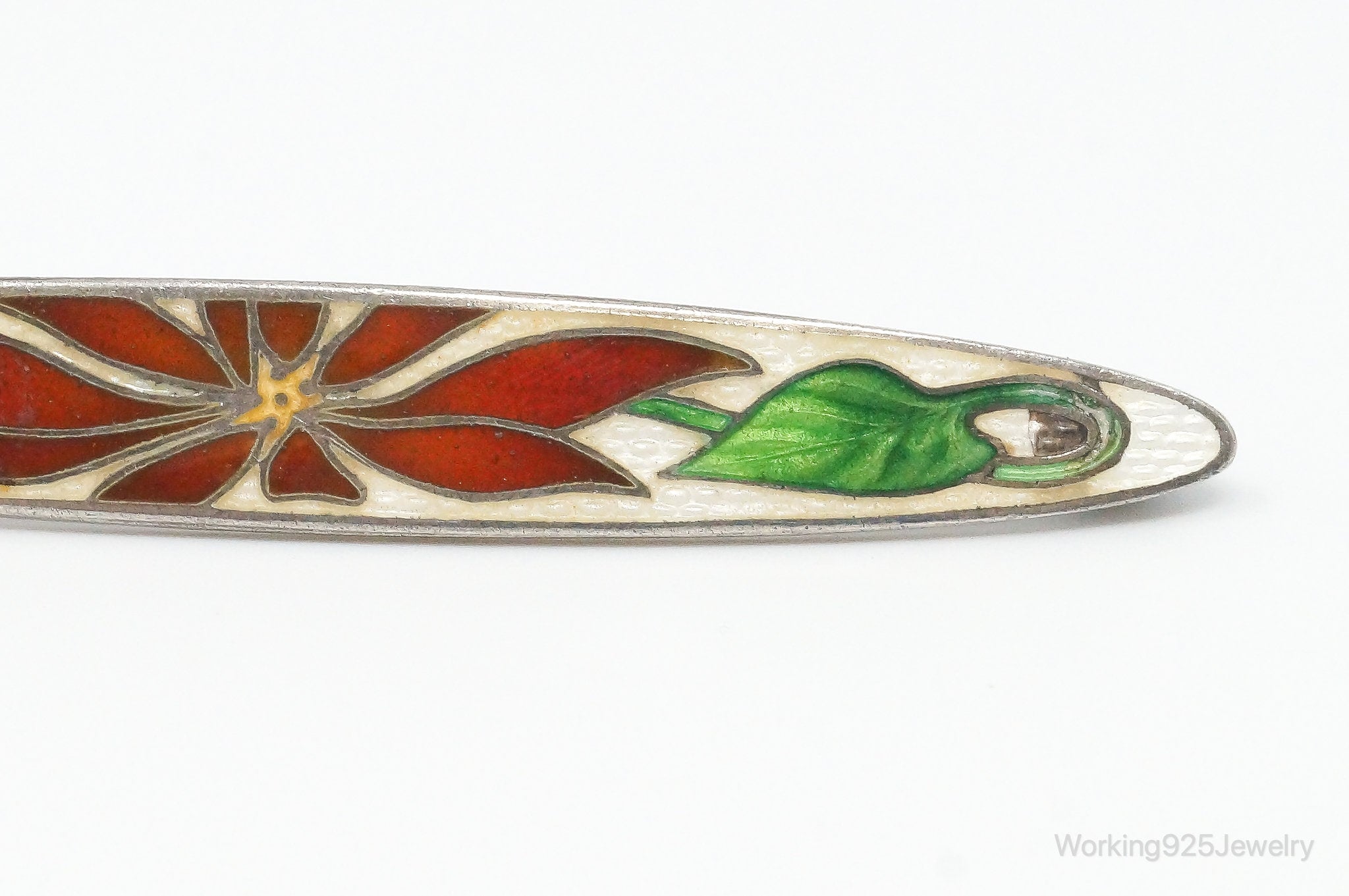 Antique Red Flower & Vine Enamel Scarf Sterling Silver Brooch Pin