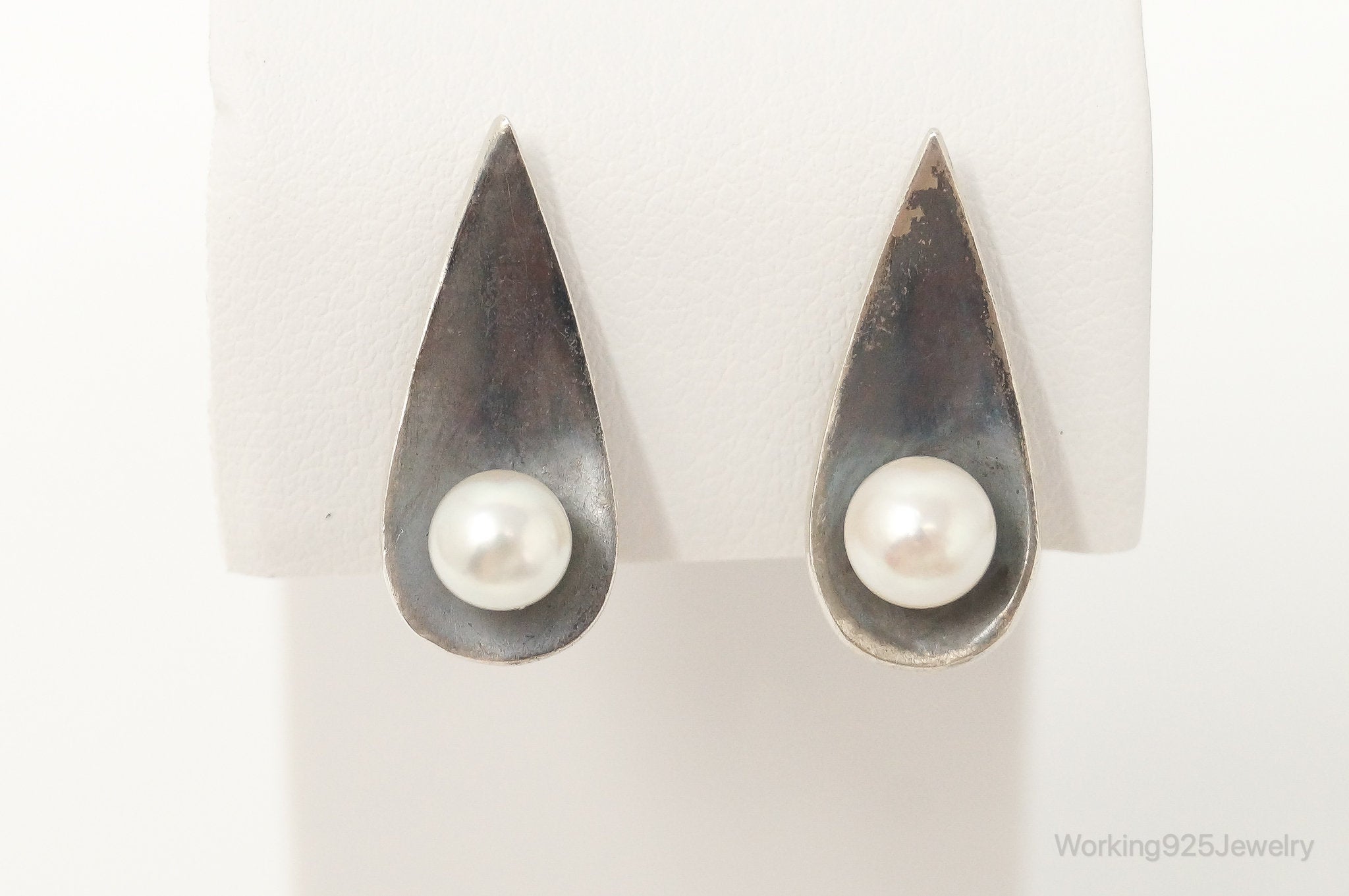 RARE Vintage Modernist Ed Wiener Pearl French Screw Back SterlingSilver Earrings