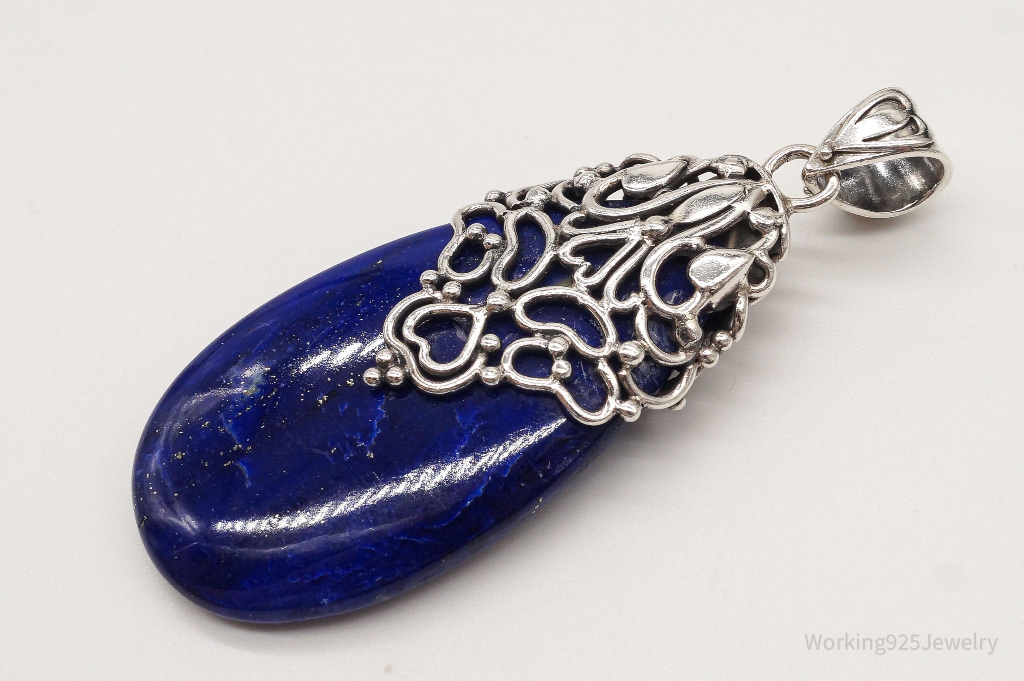 Large India Designer Doug Paulus Lapis Lazuli Ornate Sterling Silver Pendant