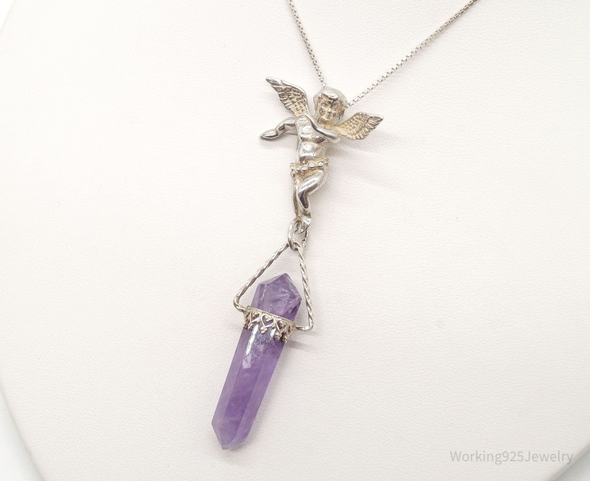 Vintage Amethyst Crystal Cherub Sterling Silver Necklace