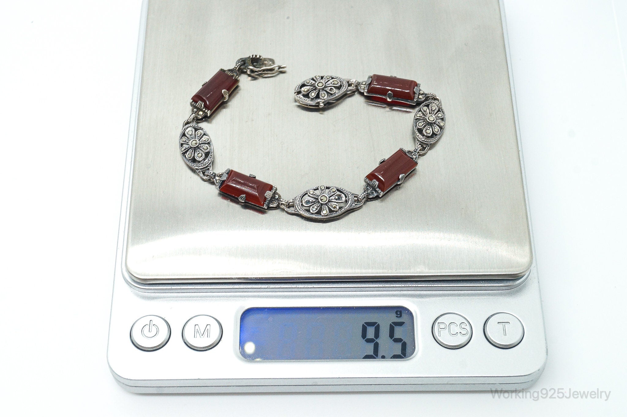 Antique Carnelian Marcasite Sterling Silver Bracelet