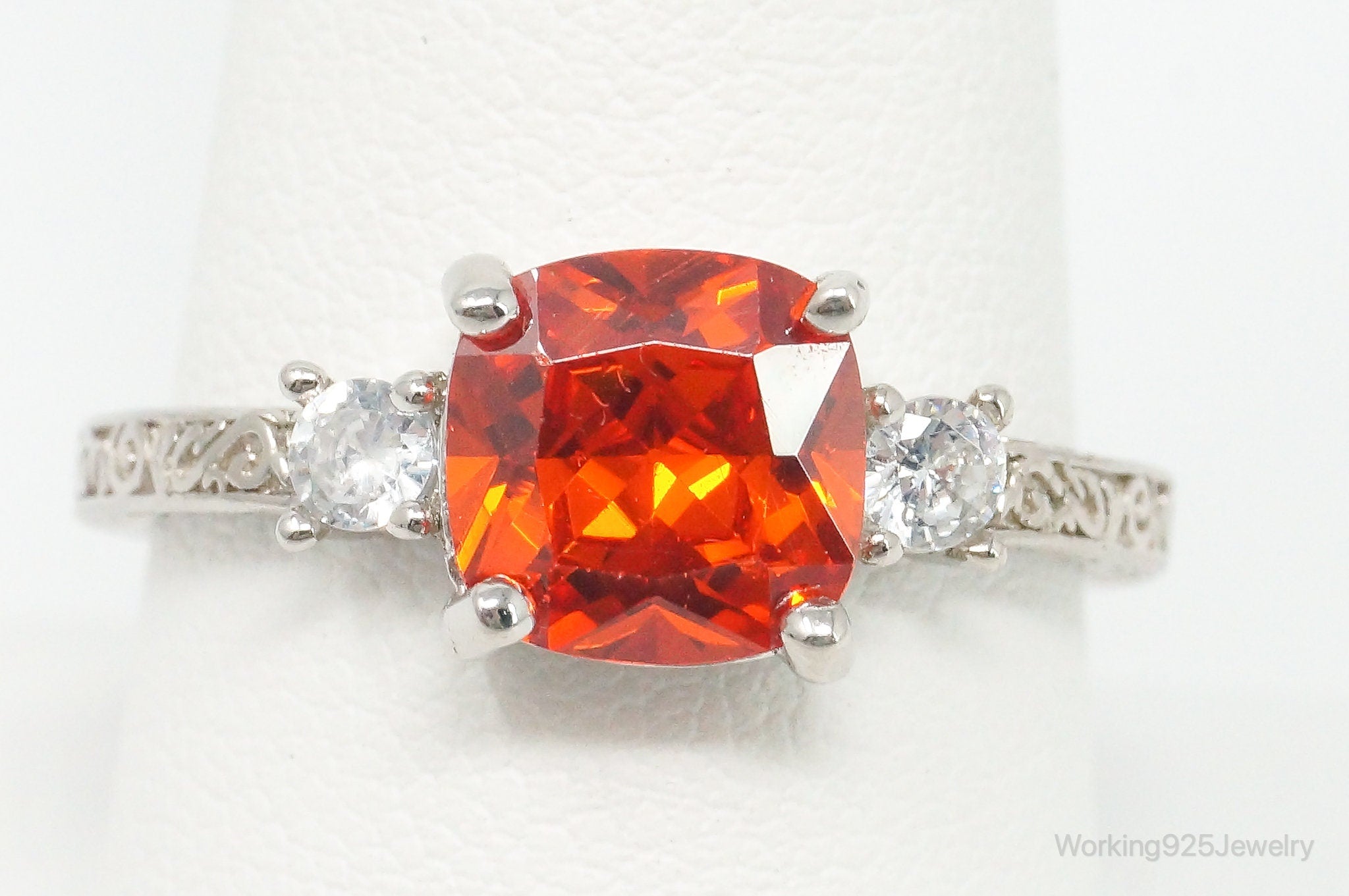 Large Orange Topaz White Cubic Zirconia Sterling Silver Ring - Size 9.25