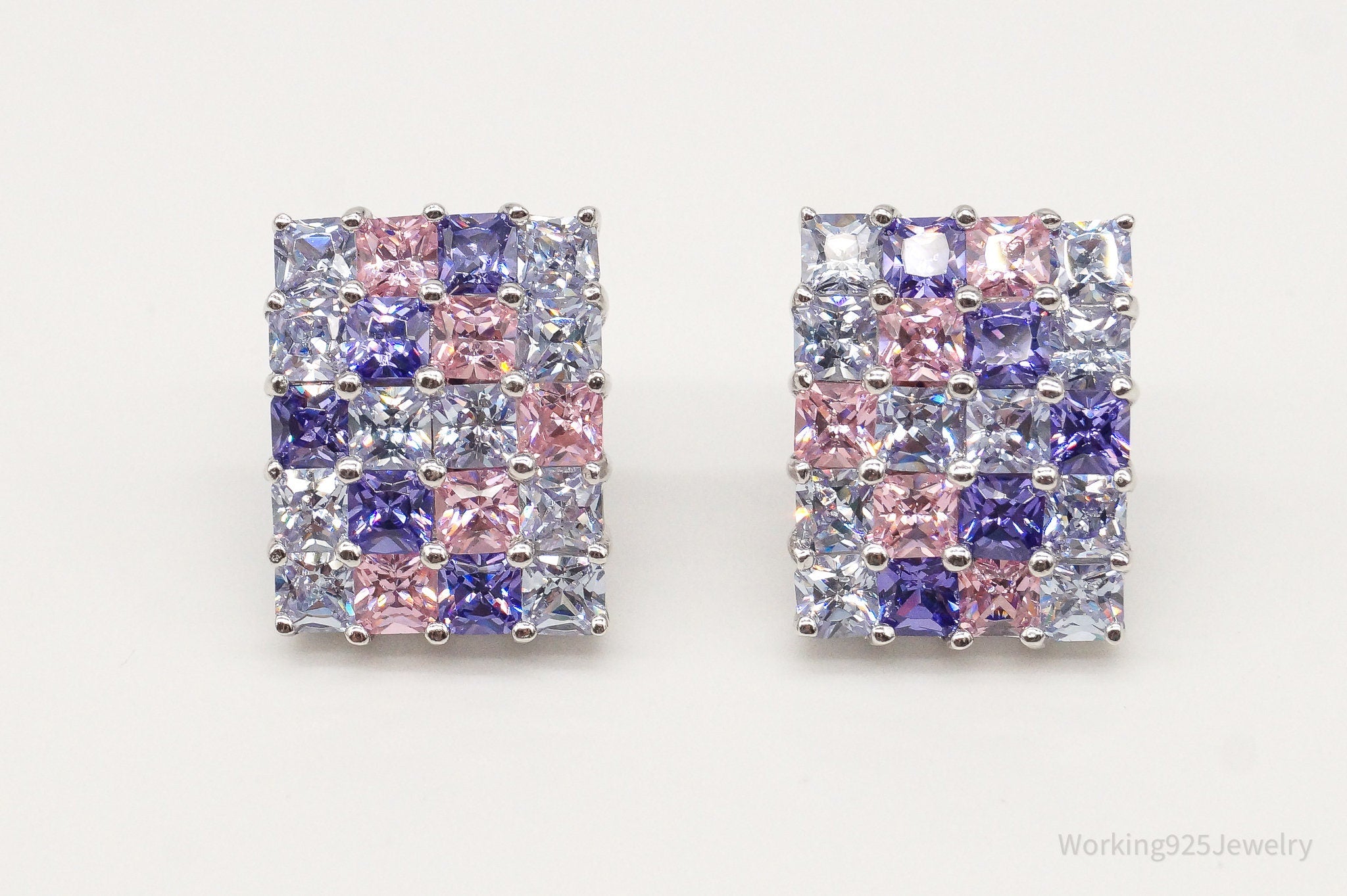 Vintage Designer White Pink & Purple Cubic Zirconia Sterling Silver Earrings