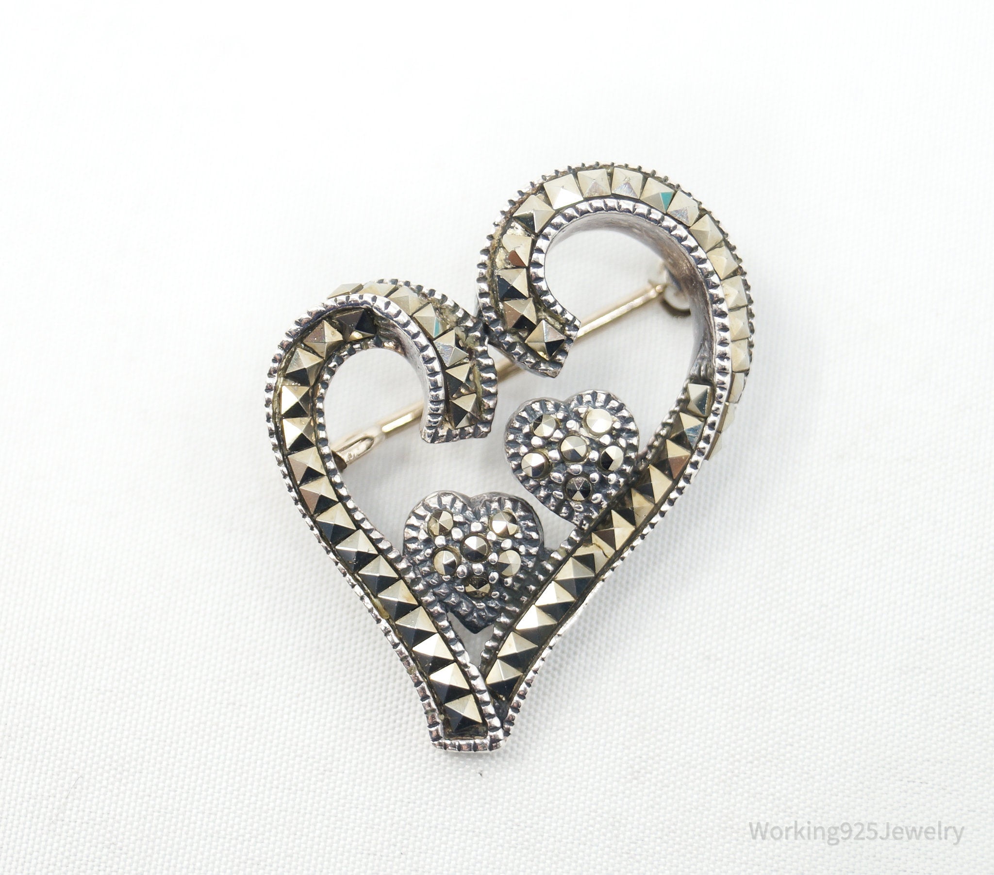 Vintage Designer Judith Jack Marcasite Open Heart Sterling Brooch Pin