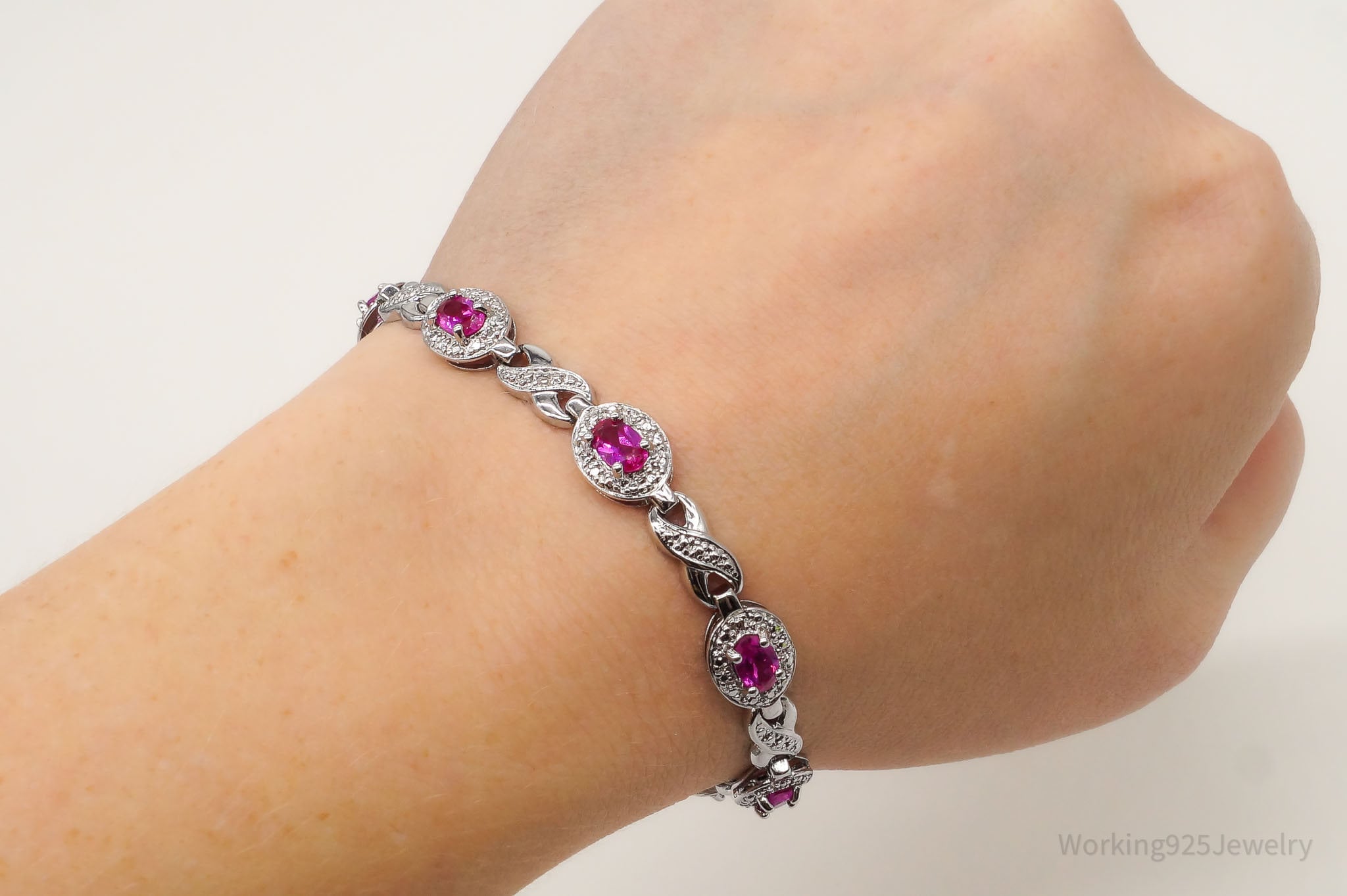 Designer Ross Simons Lab Pink Sapphires & 1 Diamond Sterling Silver Bracelet