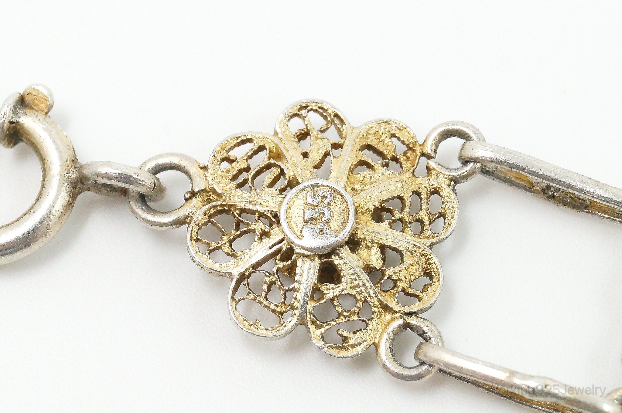 Antique Enamel Flowers 835 Silver Filigree Bracelet