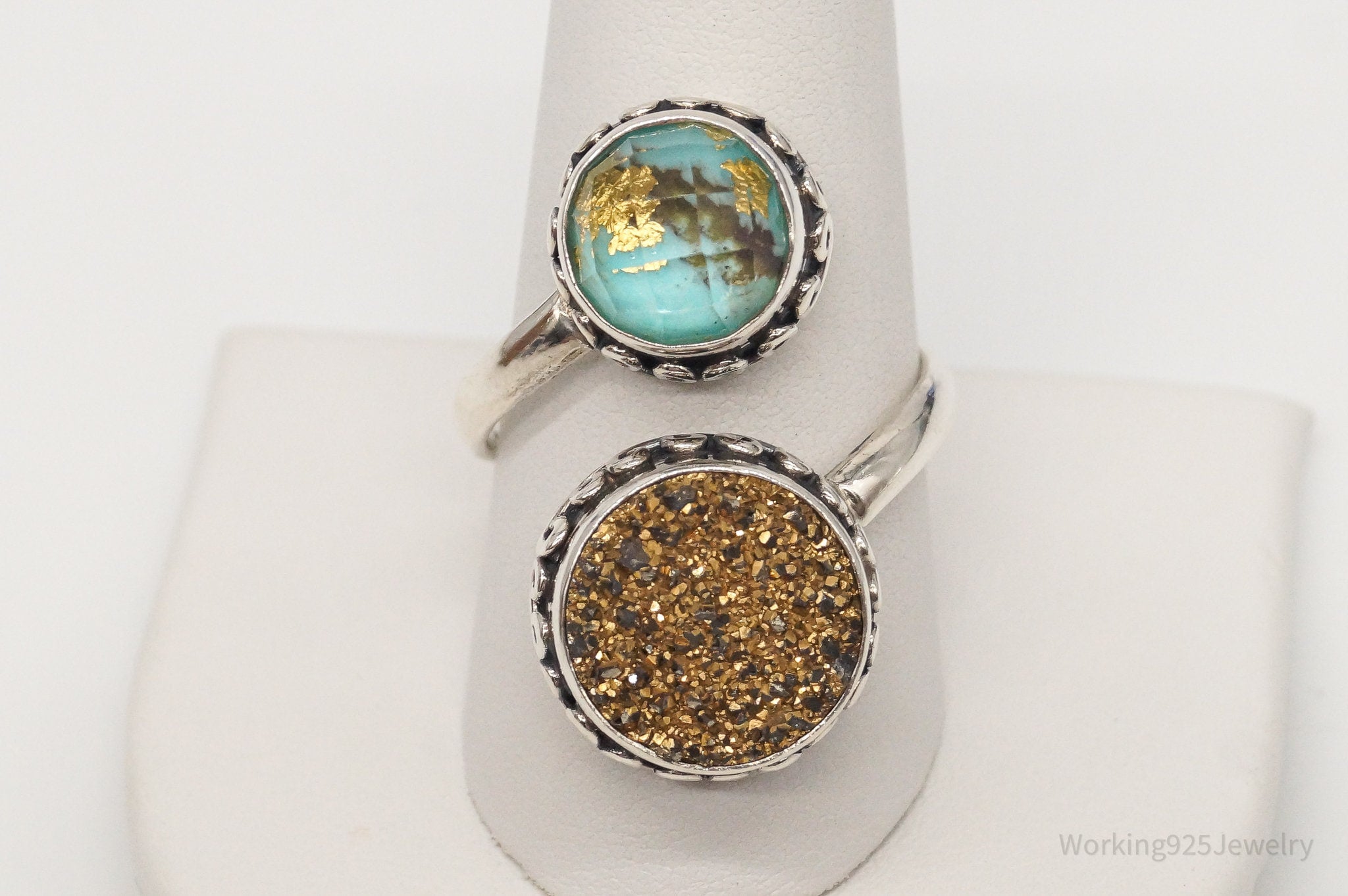 Vintage Gold Druzy Quartz Glass Sterling Silver Wrap Ring - Size 10.5 Adjustable