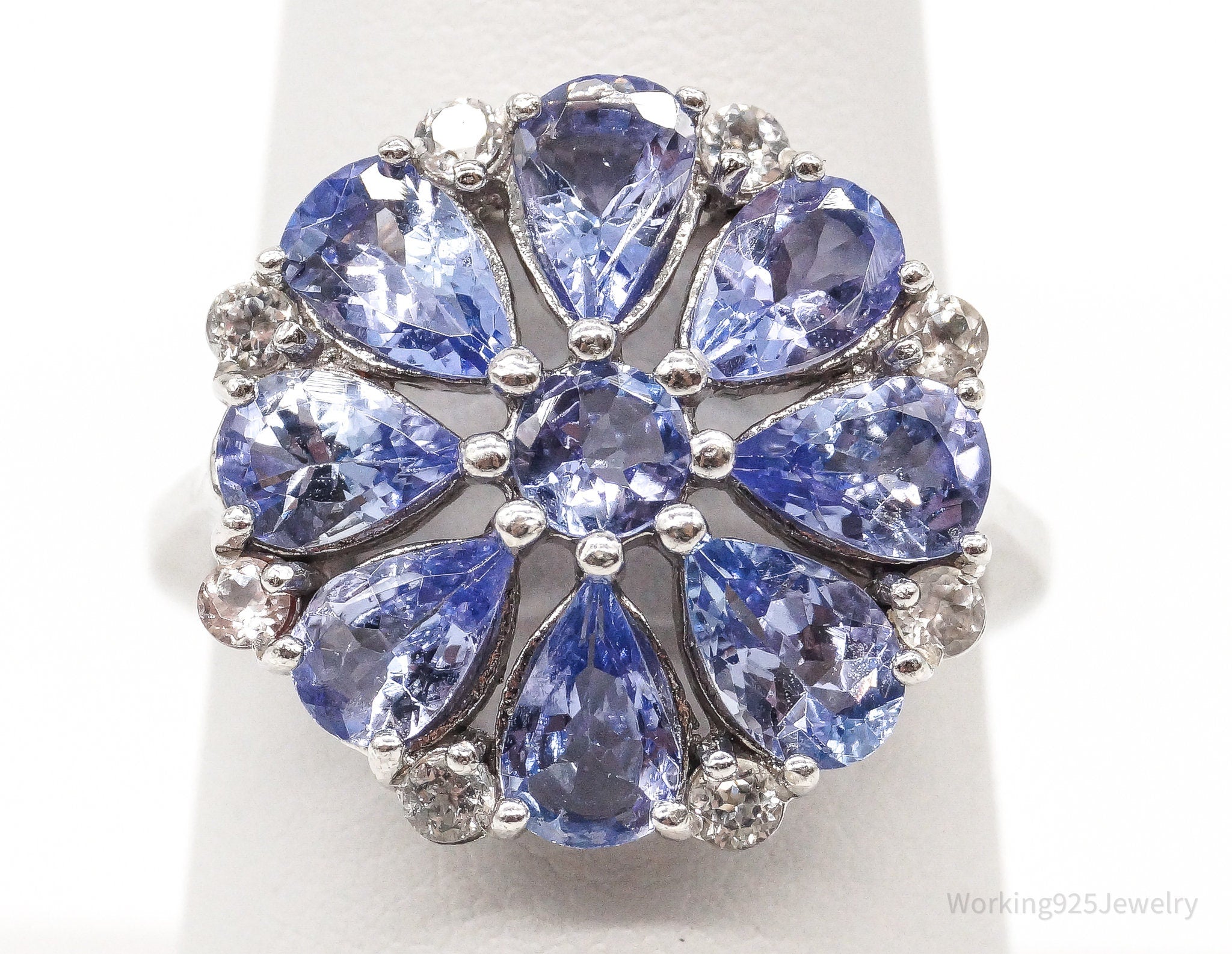 Iolite Cubic Zirconia Flower Sterling Silver Ring Size 7