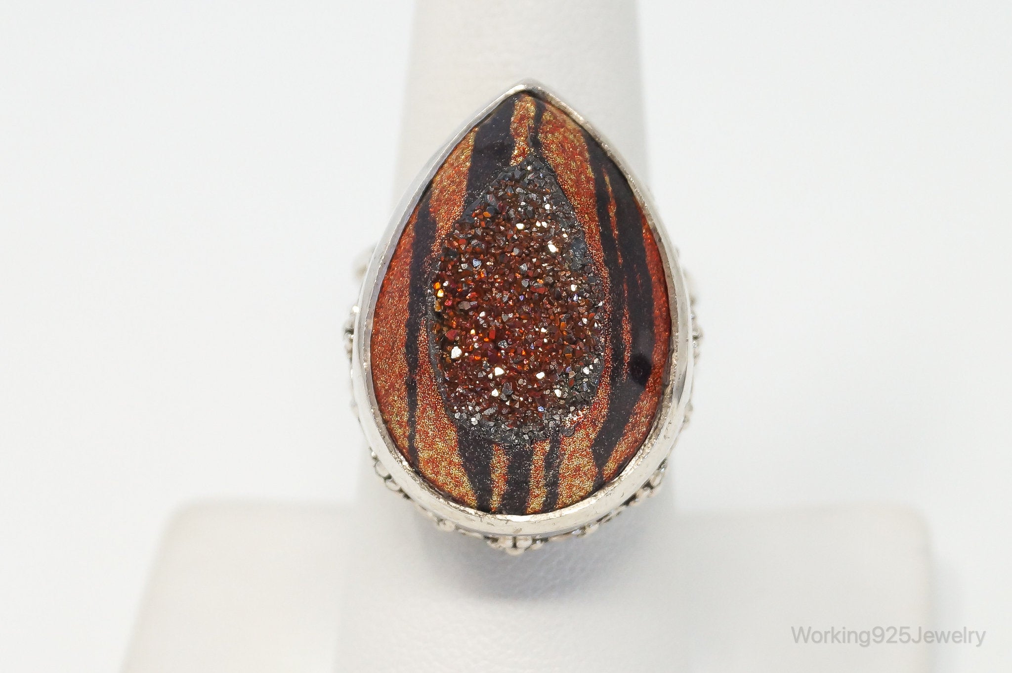 Designer Sajen Tiger Stripe Enamel Druzy Quartz Sterling Silver Ring SZ 8.5