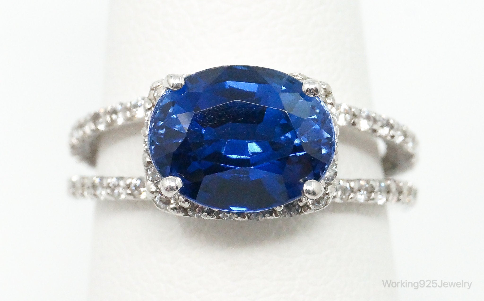 Vintage Lab Sapphire Cubic Zirconia Sterling Silver Ring - Size 6.75