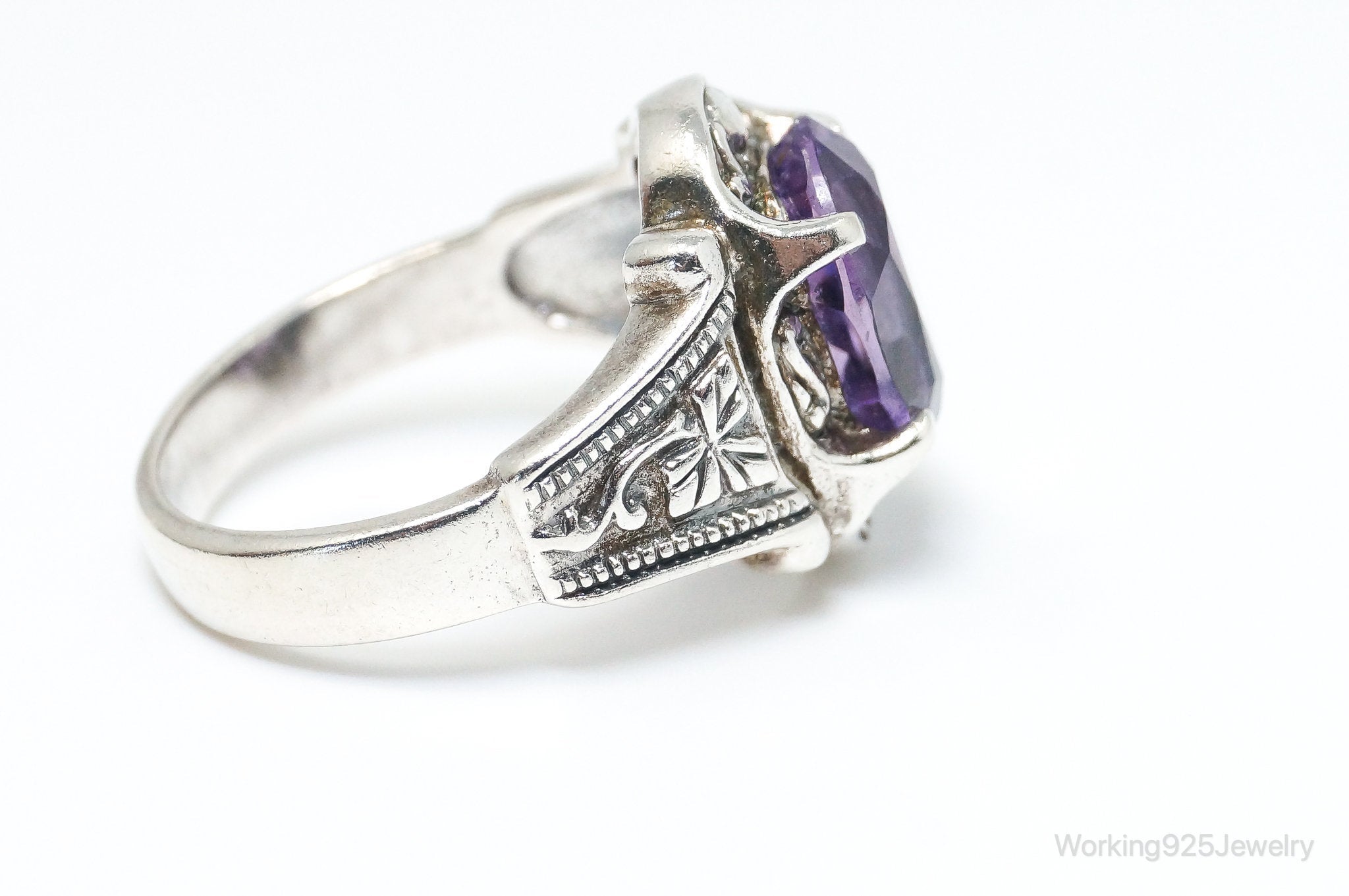 Vintage Designer PD Art Deco Amethyst Sterling Silver Ring - Size 8