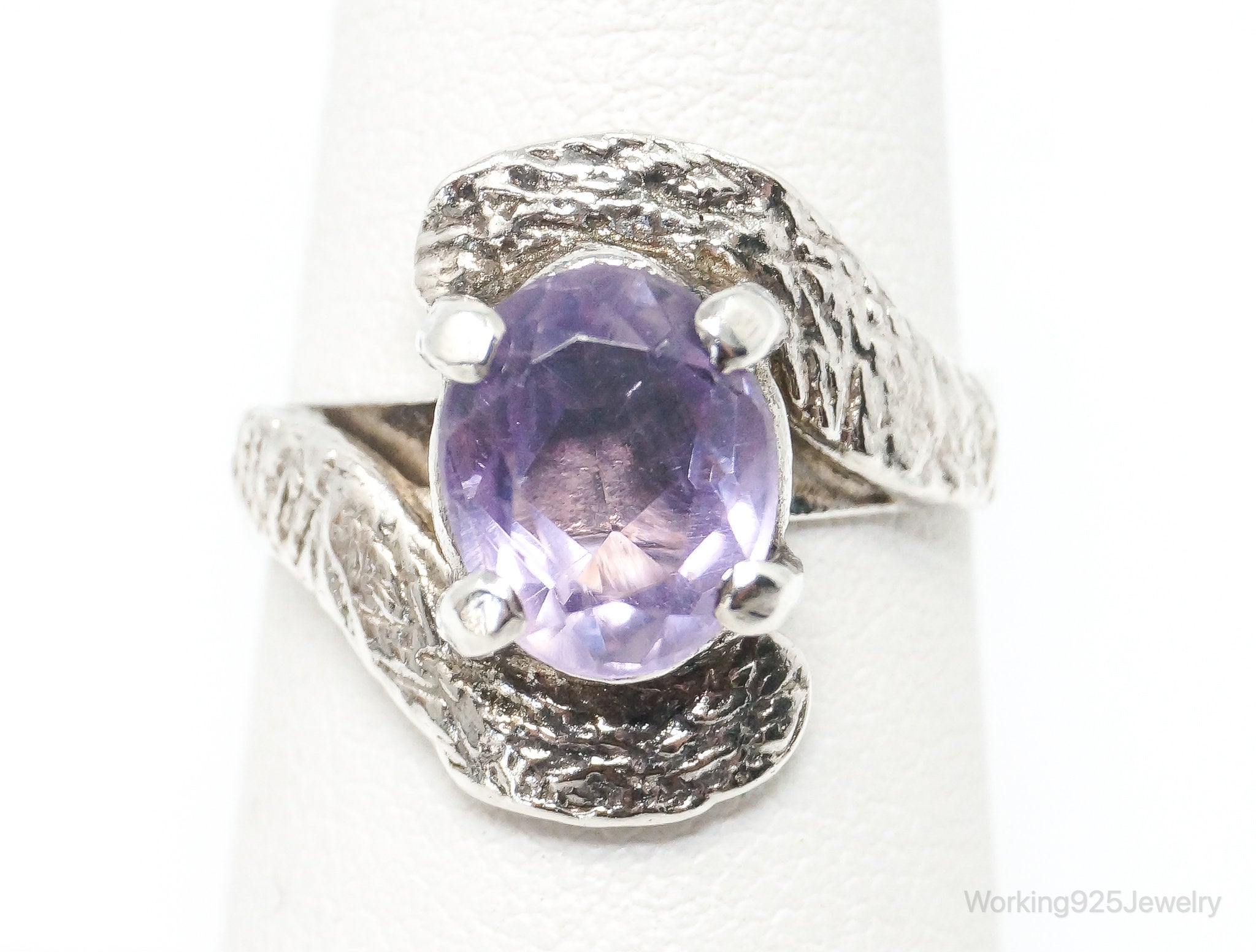 Vintage Amethyst Brutalist 930 Silver Ring - Size 6.75