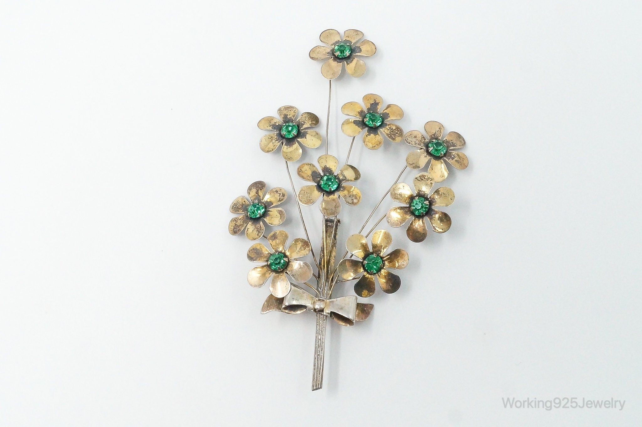 Large Vintage Green Rhinestone Flowers Gold Tone Sterling Silver Brooch Pin