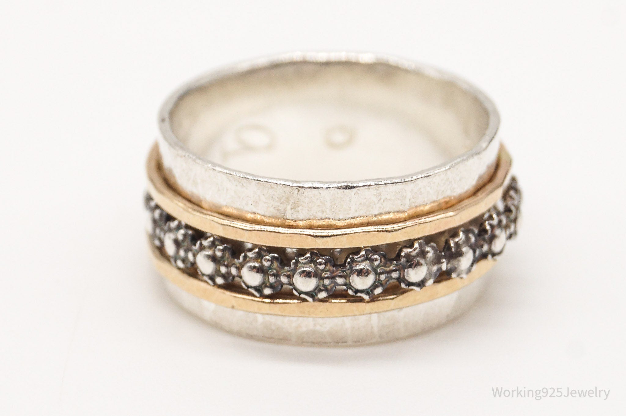 Vintage Flowers Brass Hammered Sterling Silver Spinner Ring - Size 6.25