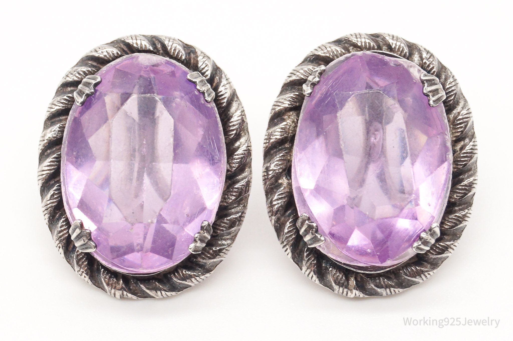 Antique Purple Faux Stone Sterling Silver Screw Back Earrings