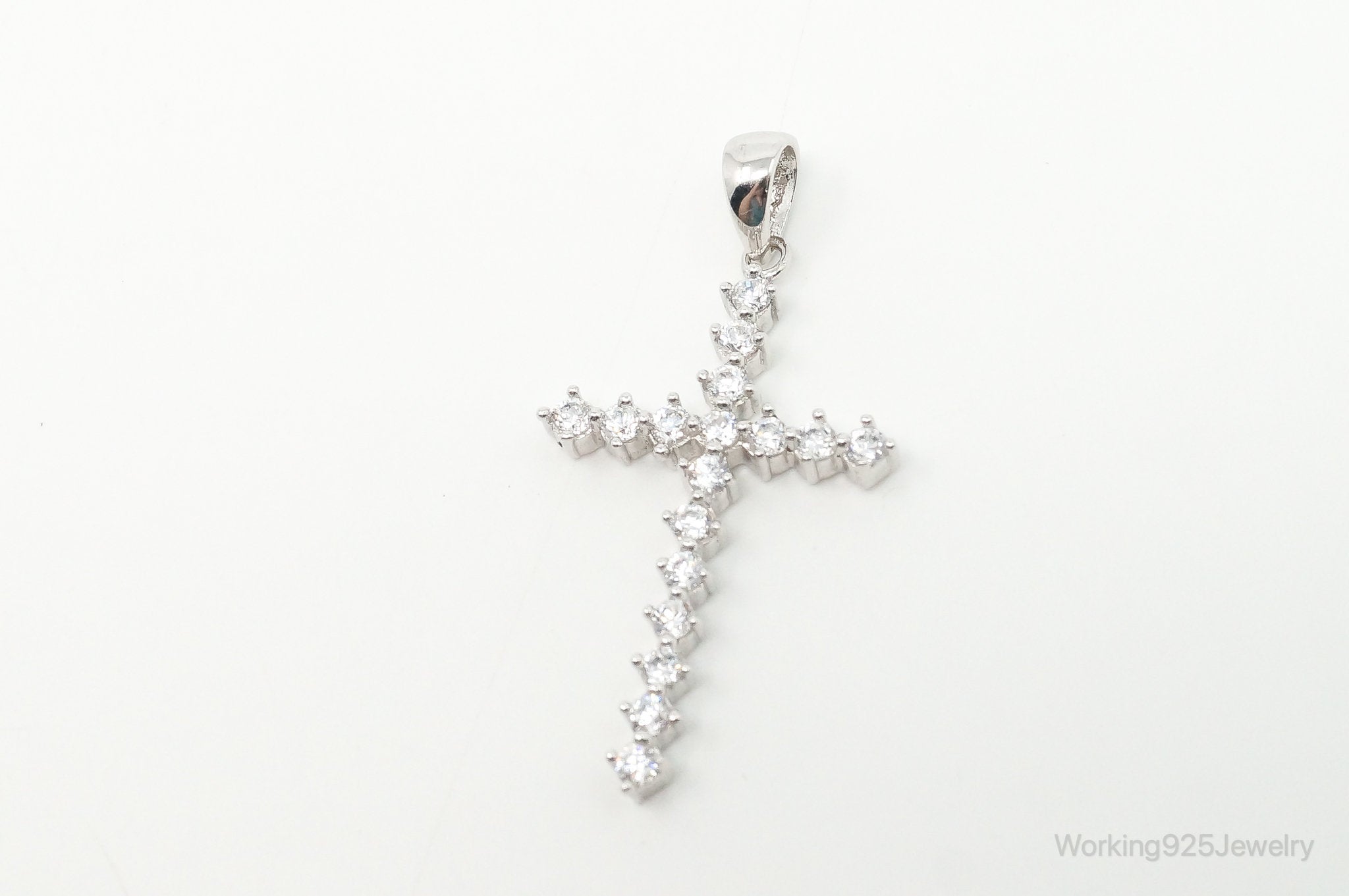Large Vintage Cubic Zirconia Cross Sterling Silver Necklace Pendant