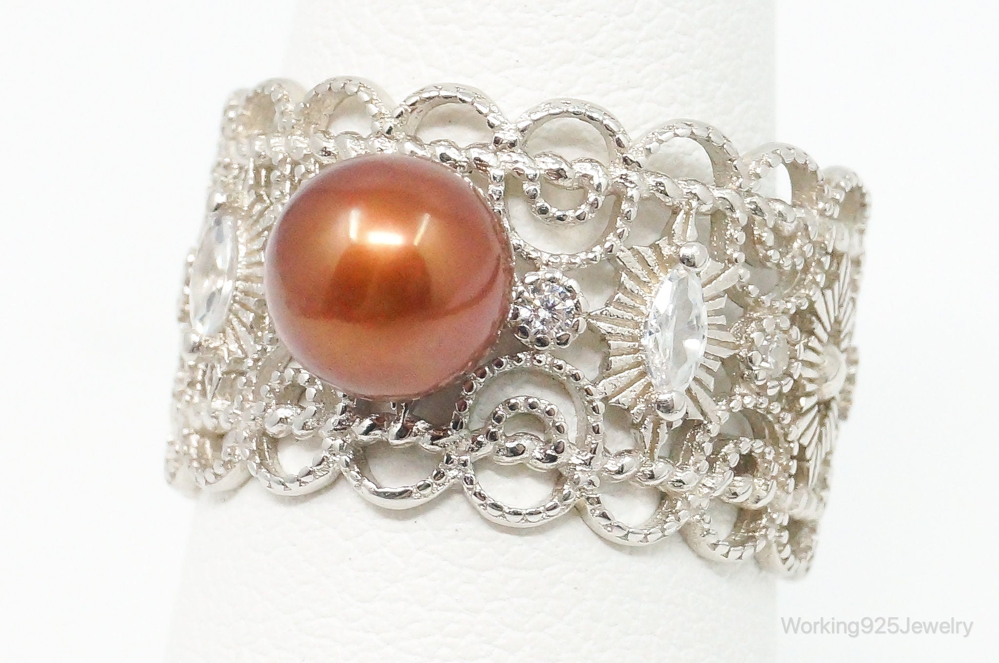 Pearl Cubic Zirconia Sterling Silver Ring - Size 7.25 Adjustable