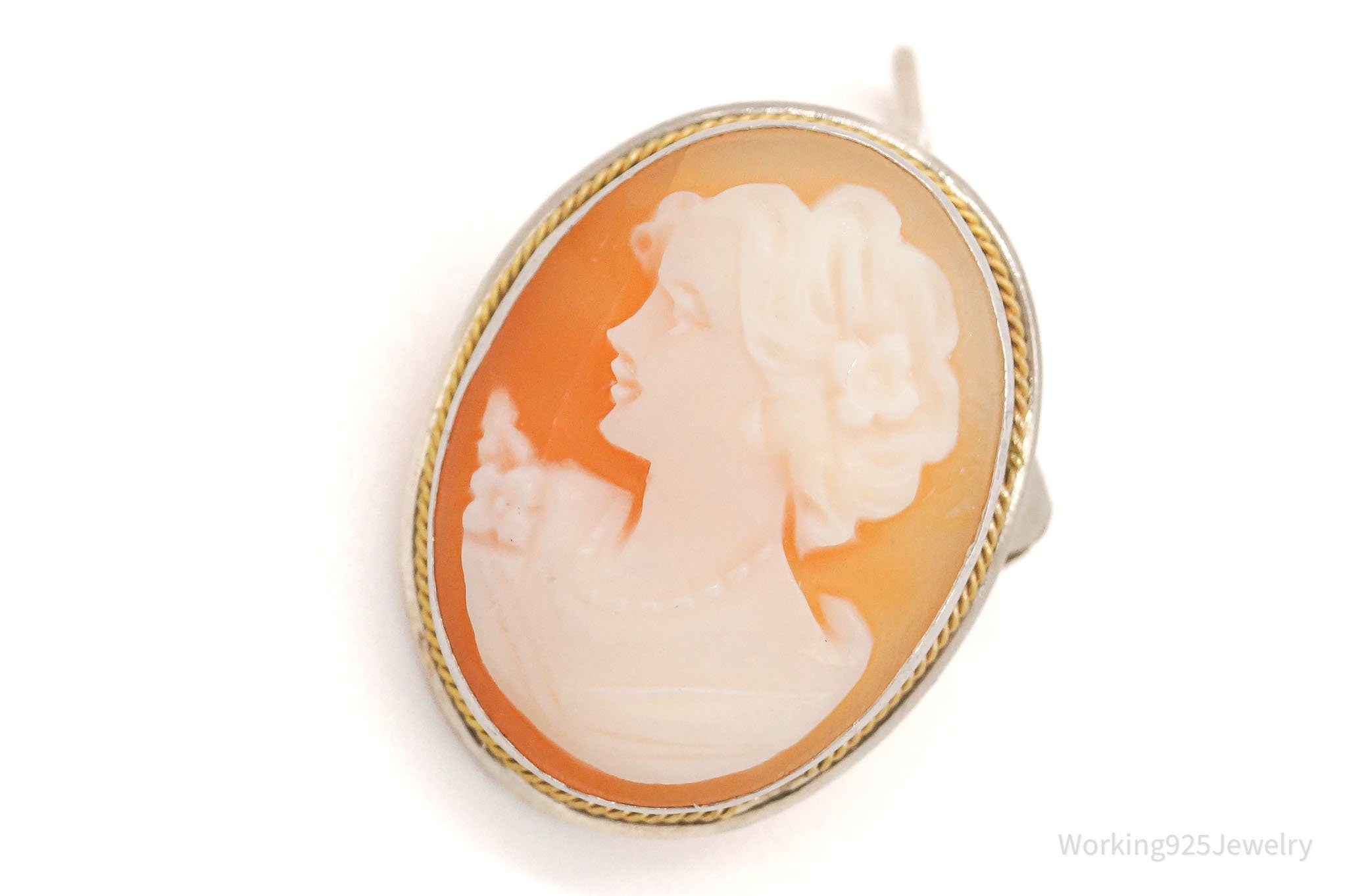 Antique Carved Shell Lady Cameo Brass Silver Pendant Pin