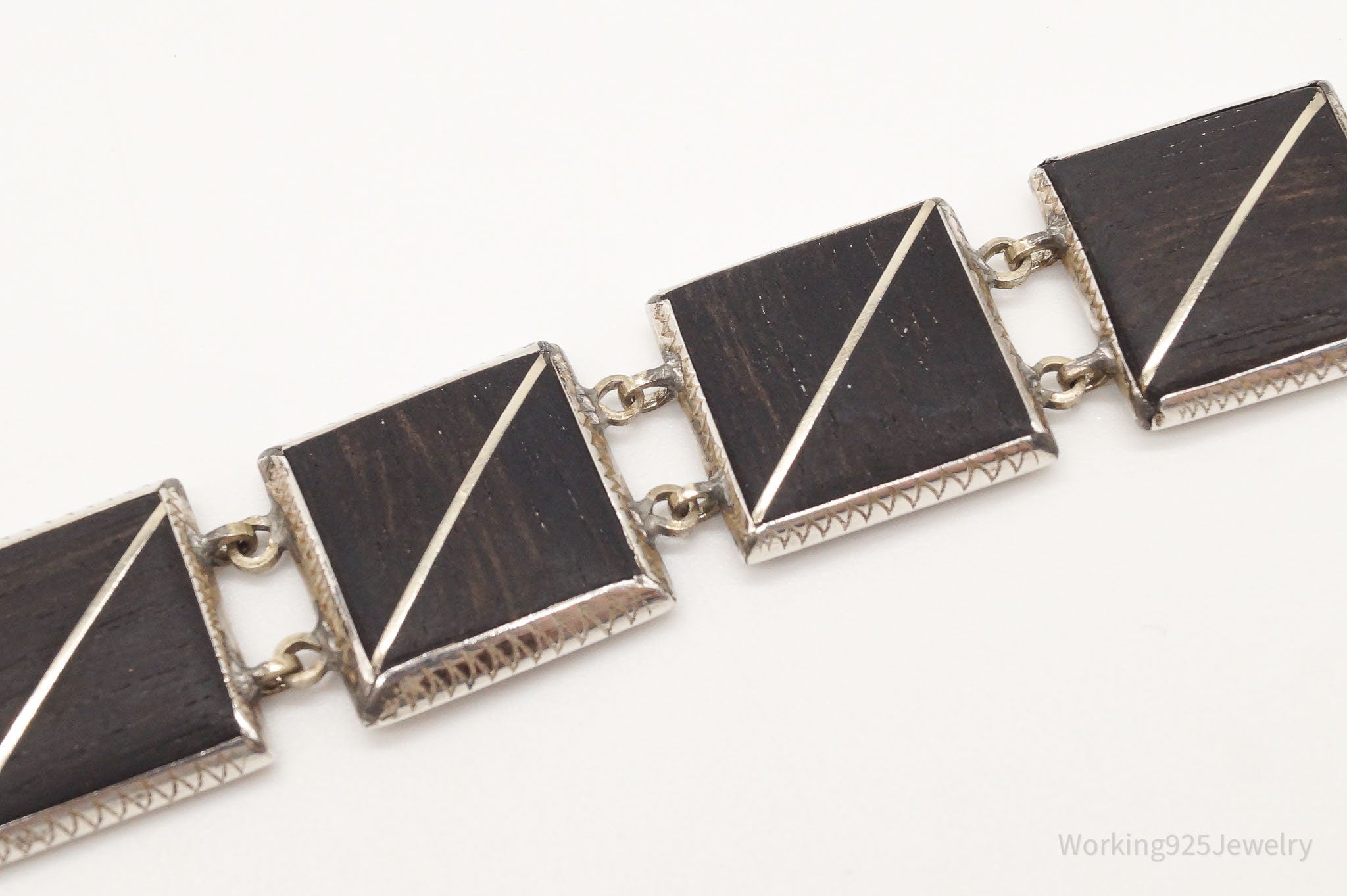 Rare Antique Swedish Wood Inlay Silver Bracelet