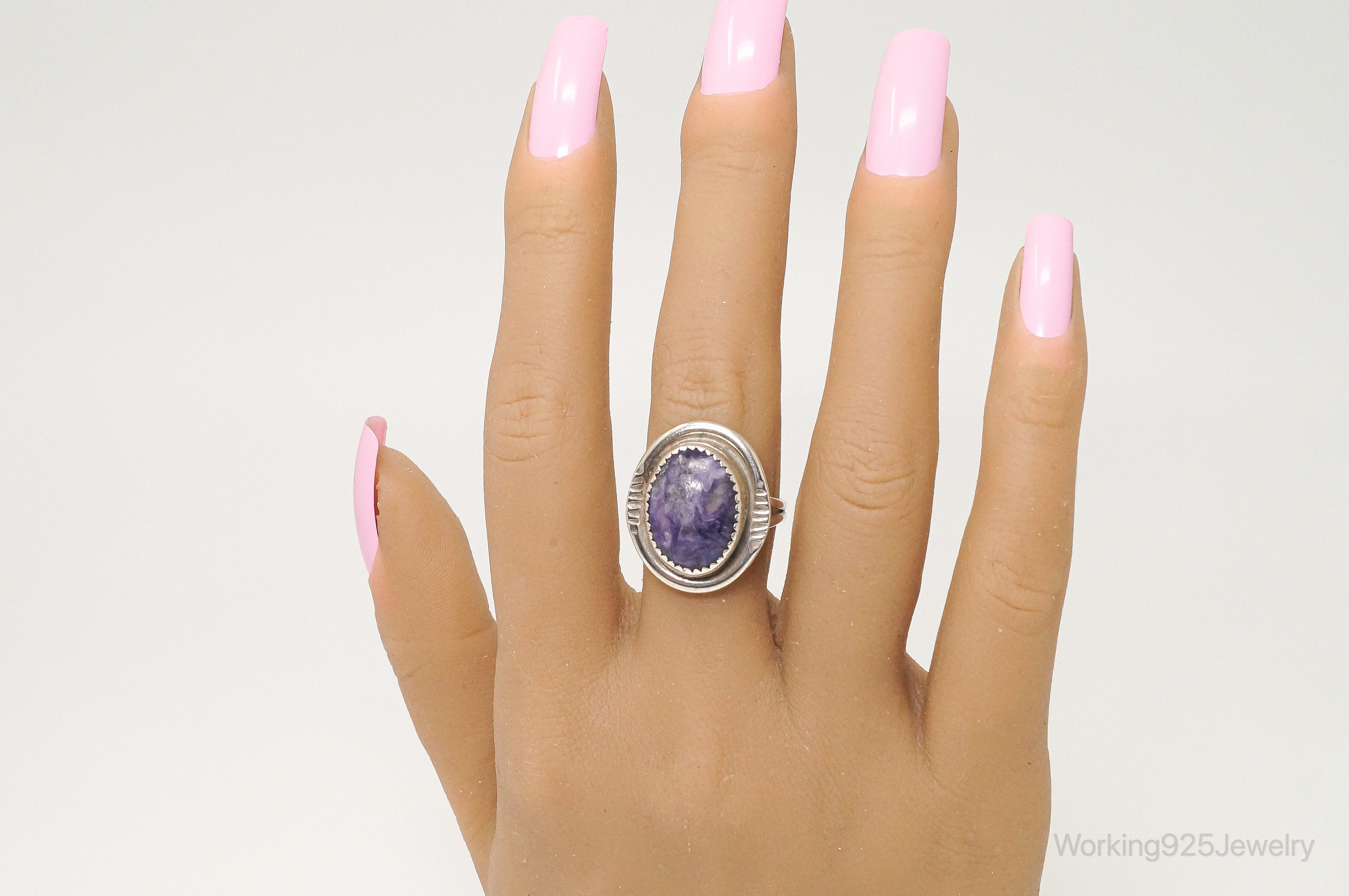 Rare Vintage Native American Signed CT Charoite Sterling Silver Ring - Sz 9.25