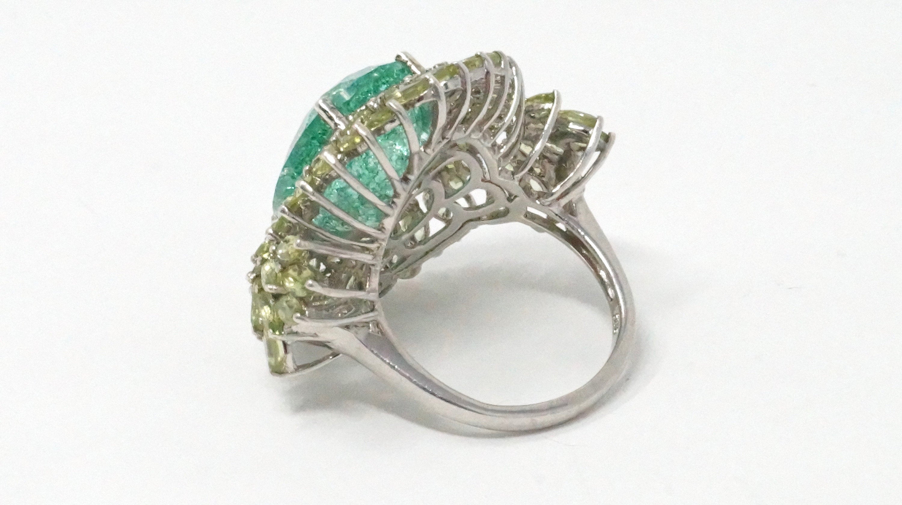 Vintage Emerald and Cubic Zirconia Sterling Silver Statement Ring - Size 9