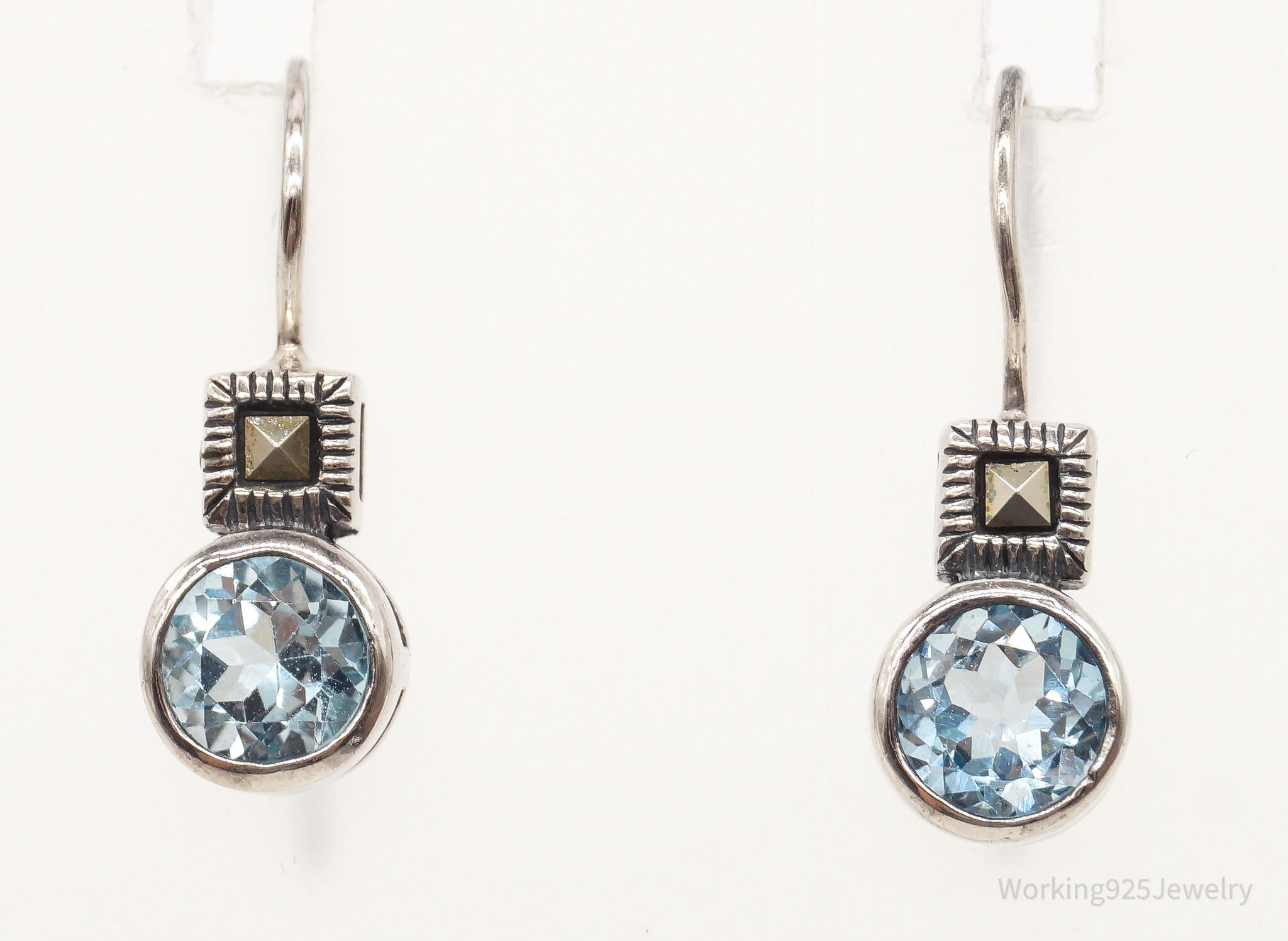 Vintage Designer SU Blue Topaz Marcasite Sterling Silver Earrings