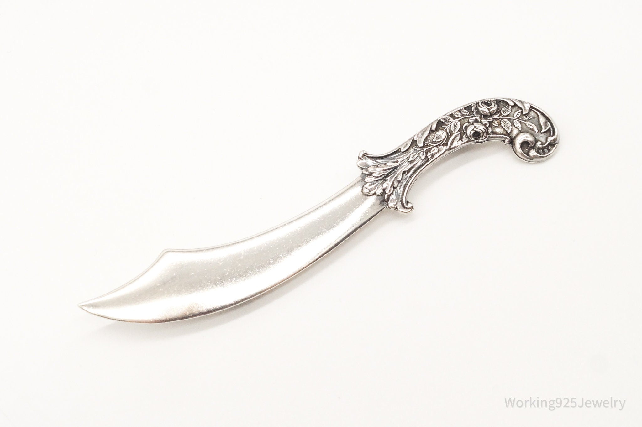 Large 1940s Victorian Revival Scimitar Sword Dagger Sterling Silver Pin Brooch