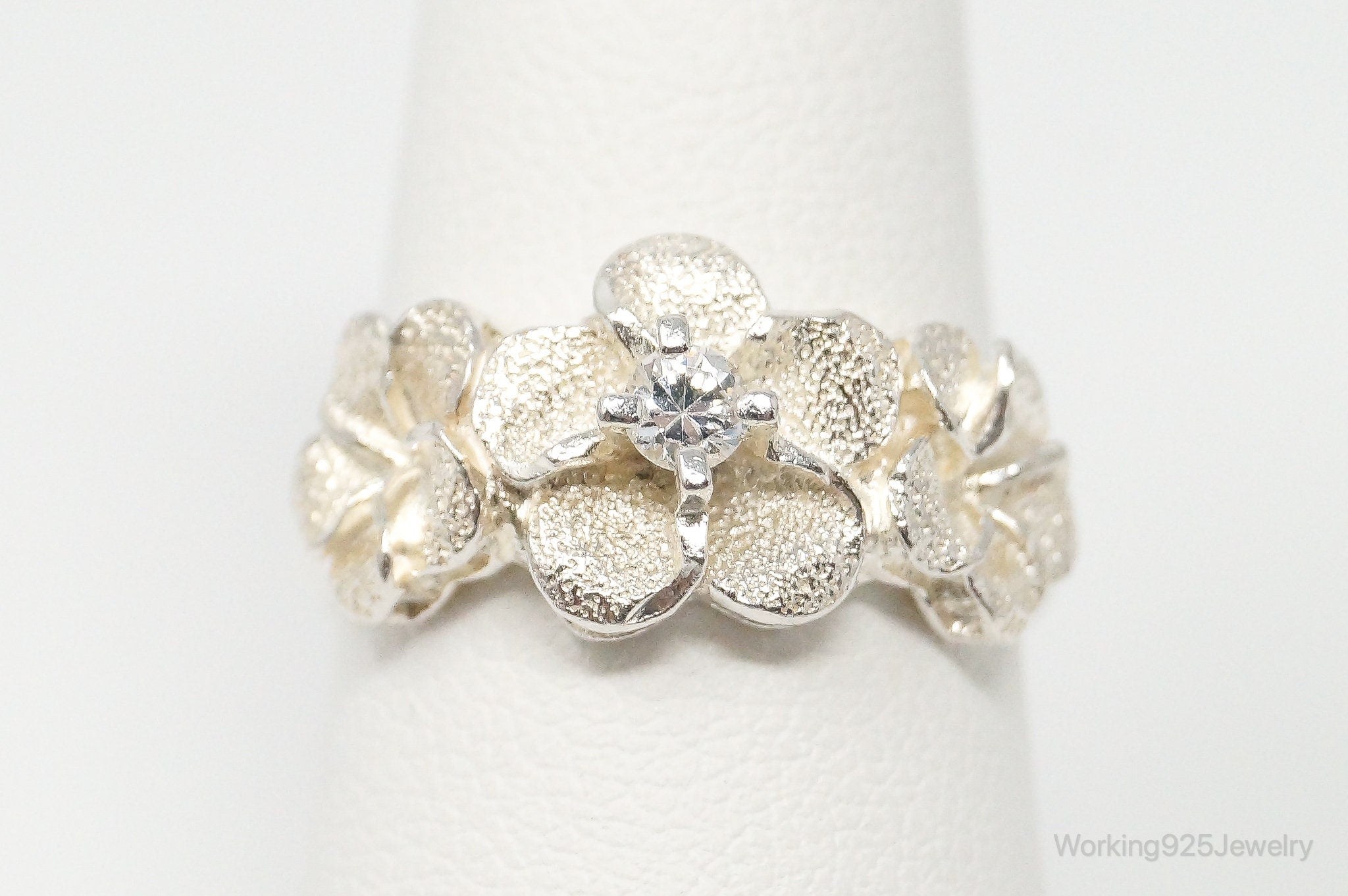 Vintage Cubic Zirconia Flowers Sterling Silver Ring - Size 7