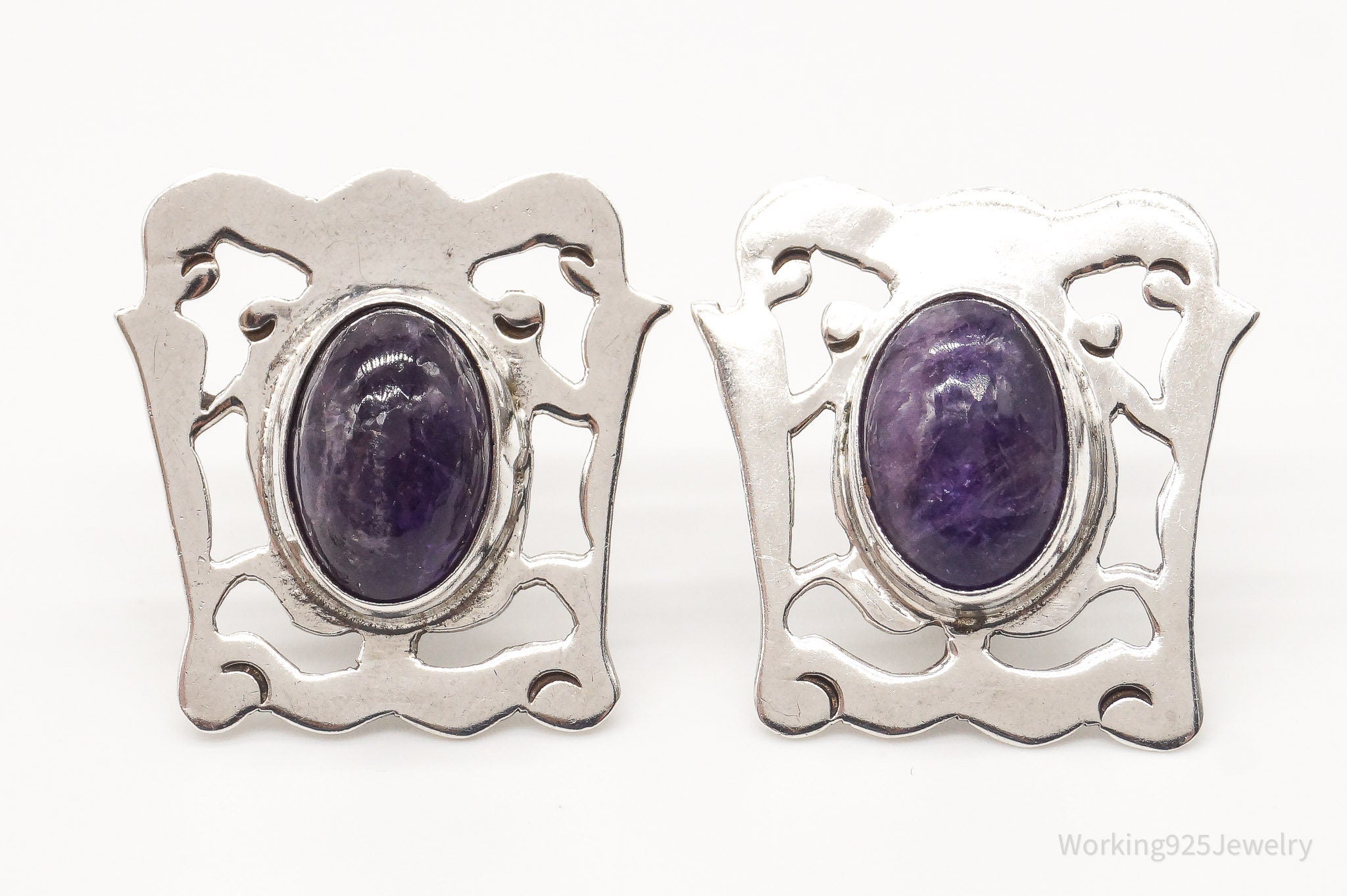 RARE Vintage Plateria Farfan Mexico Amethyst Sterling Silver Screw Back Earrings