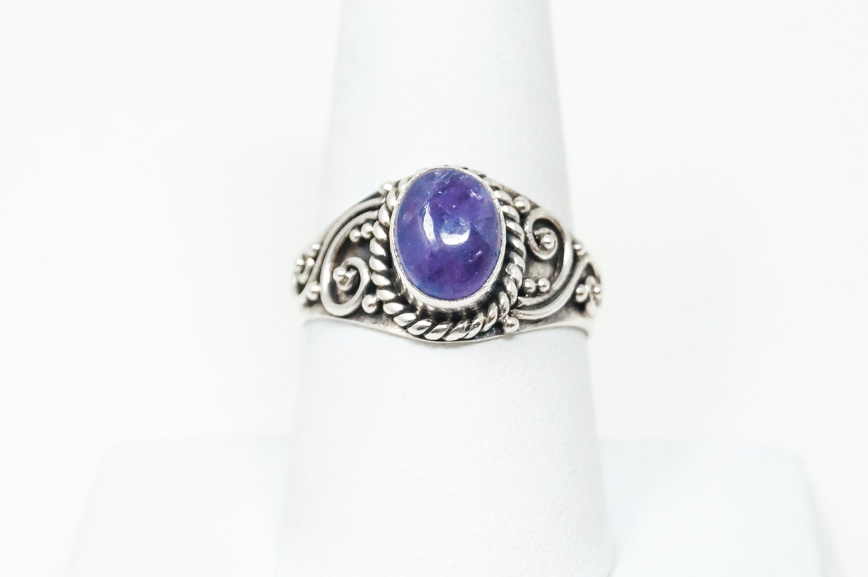 Vintage Amethyst Scroll Sterling Silver Ring - Sz 9 - 798926713