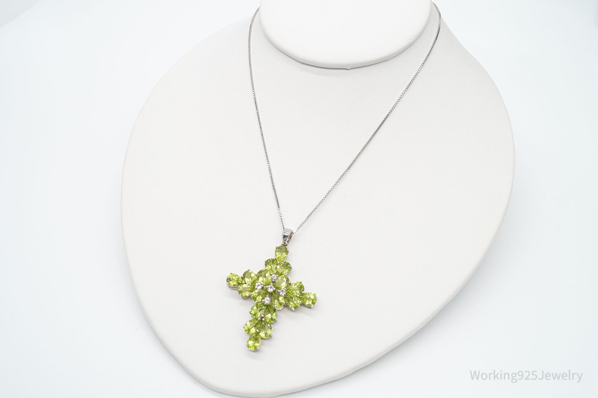 Designer Peridot White Topaz Rhodium Sterling Silver Cross Necklace