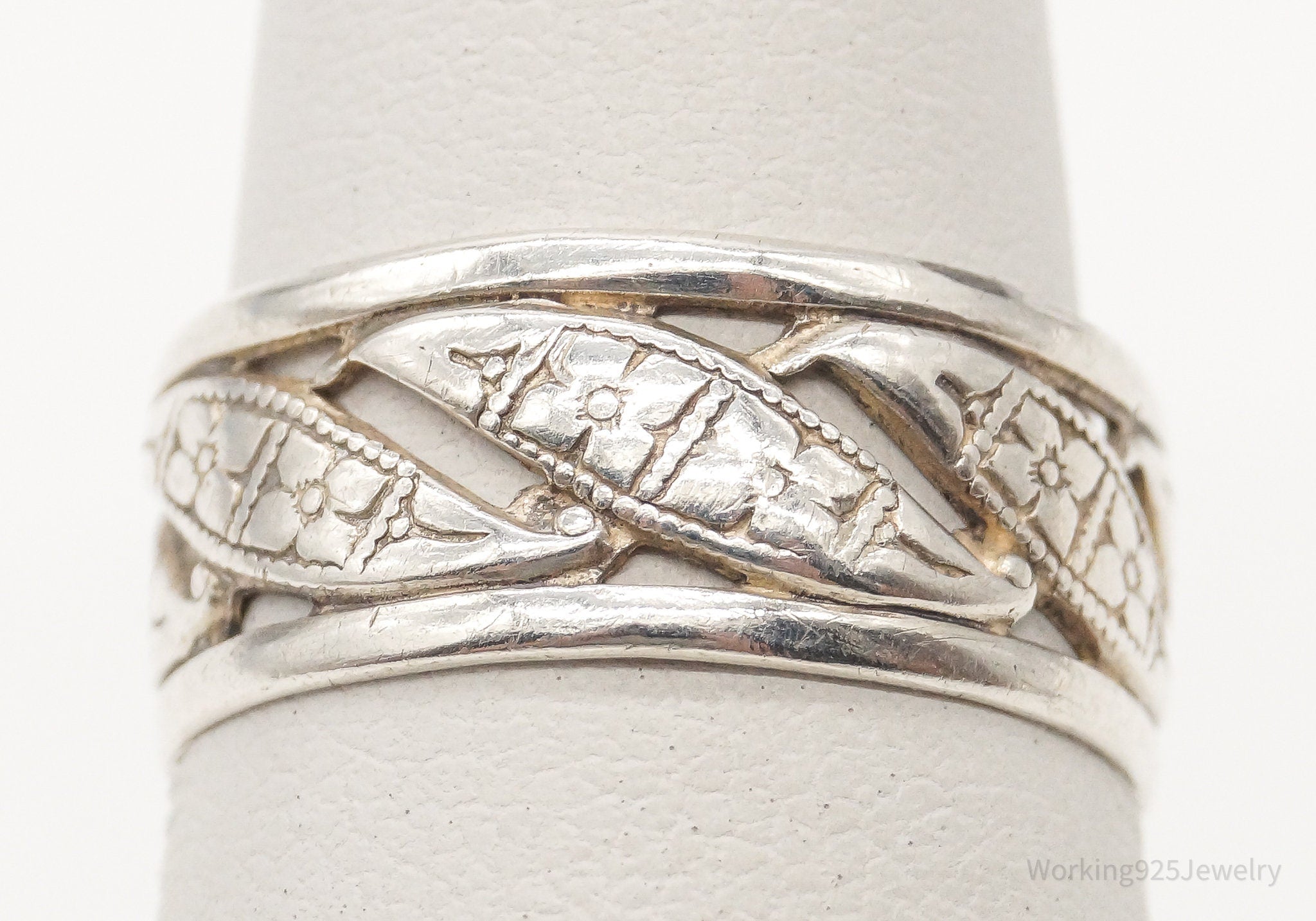 Antique Designer Uncas MFG Co Floral Sterling Silver Band Ring - Size 6.5