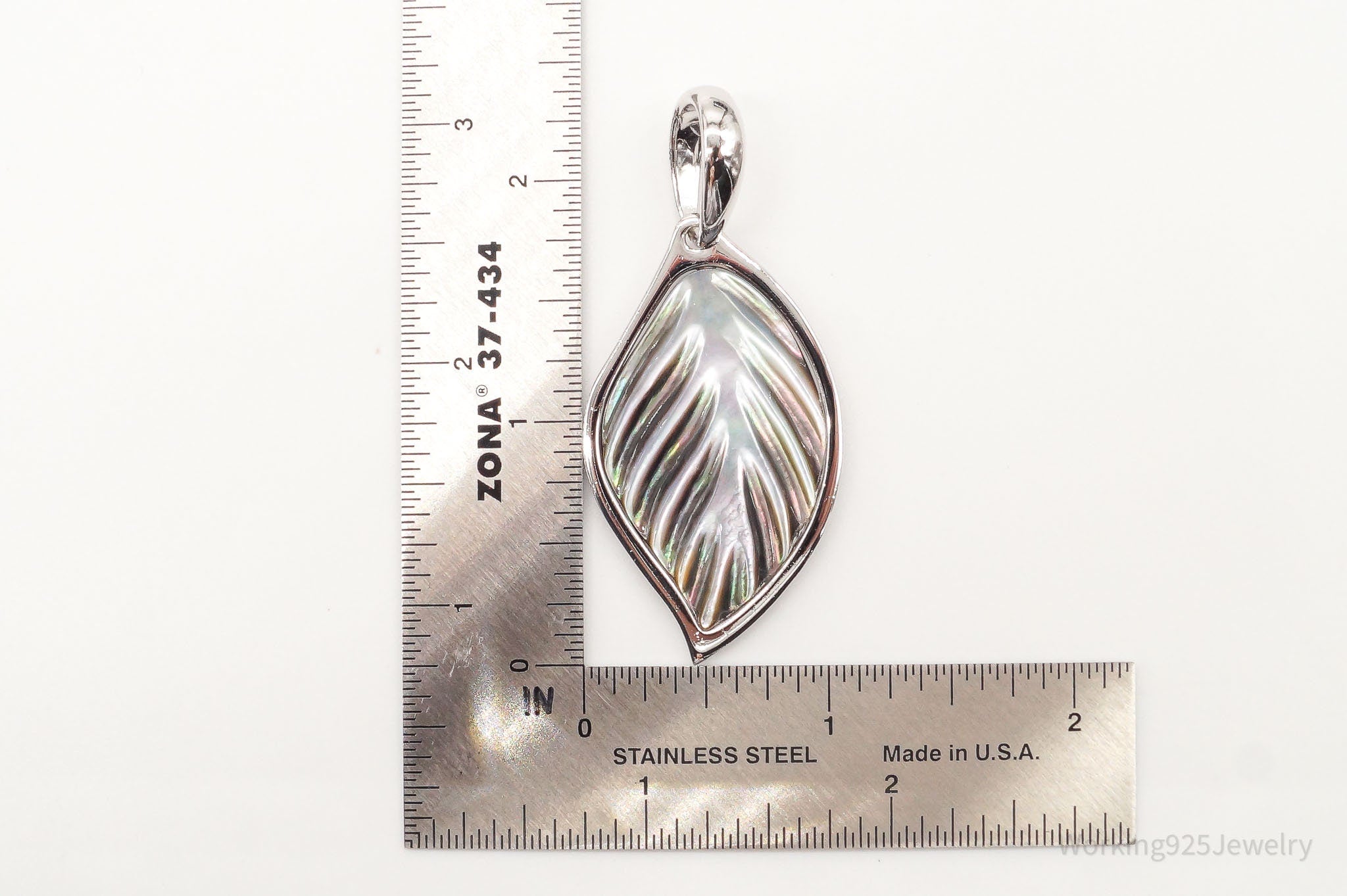 Large Vintage Carved Abalone Shell Sterling Silver Leaf Pendant