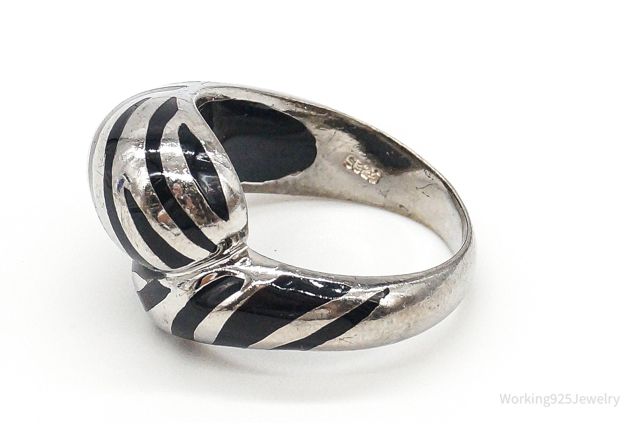 Vintage Black Enamel Zebra Stripes Design Sterling Silver Ring - Size 9