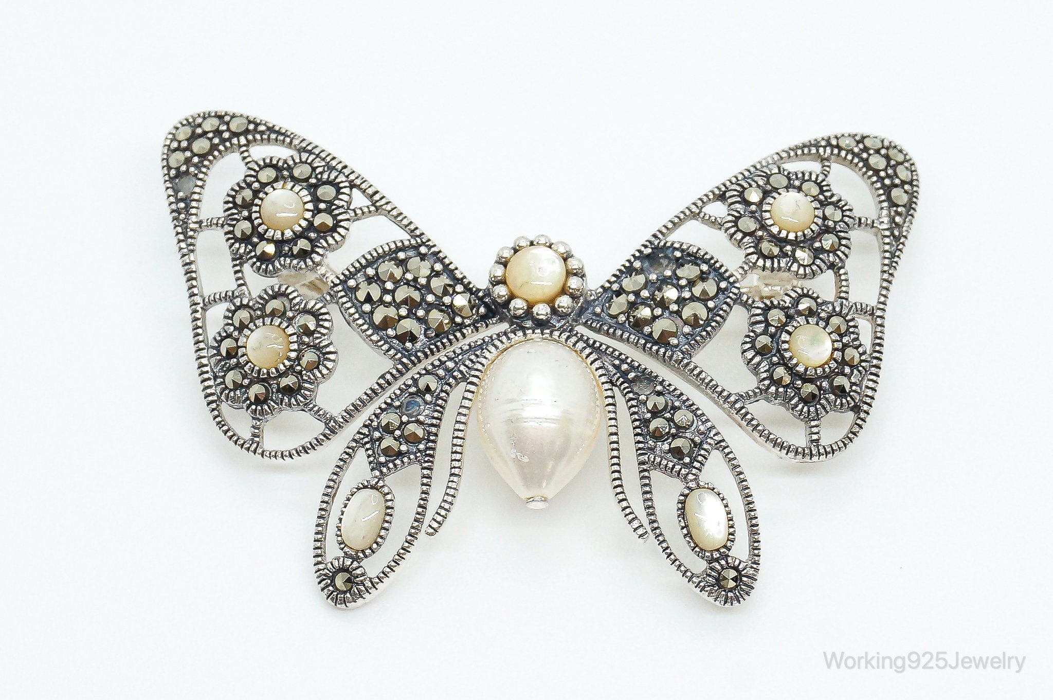 Big Vintage Pearl Marcasite Sterling Silver Butterfly Brooch Pin