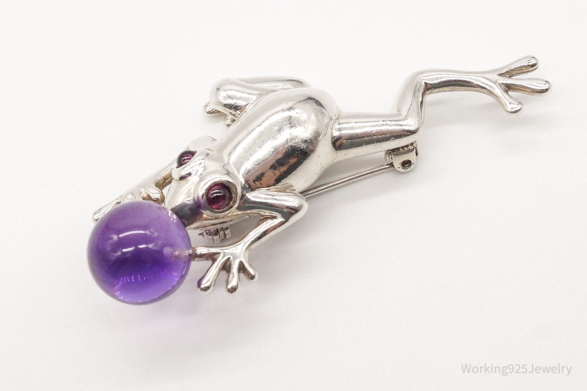 Large Vintage AC Studio Amethyst Garnet Frog Sterling Silver Brooch Pin