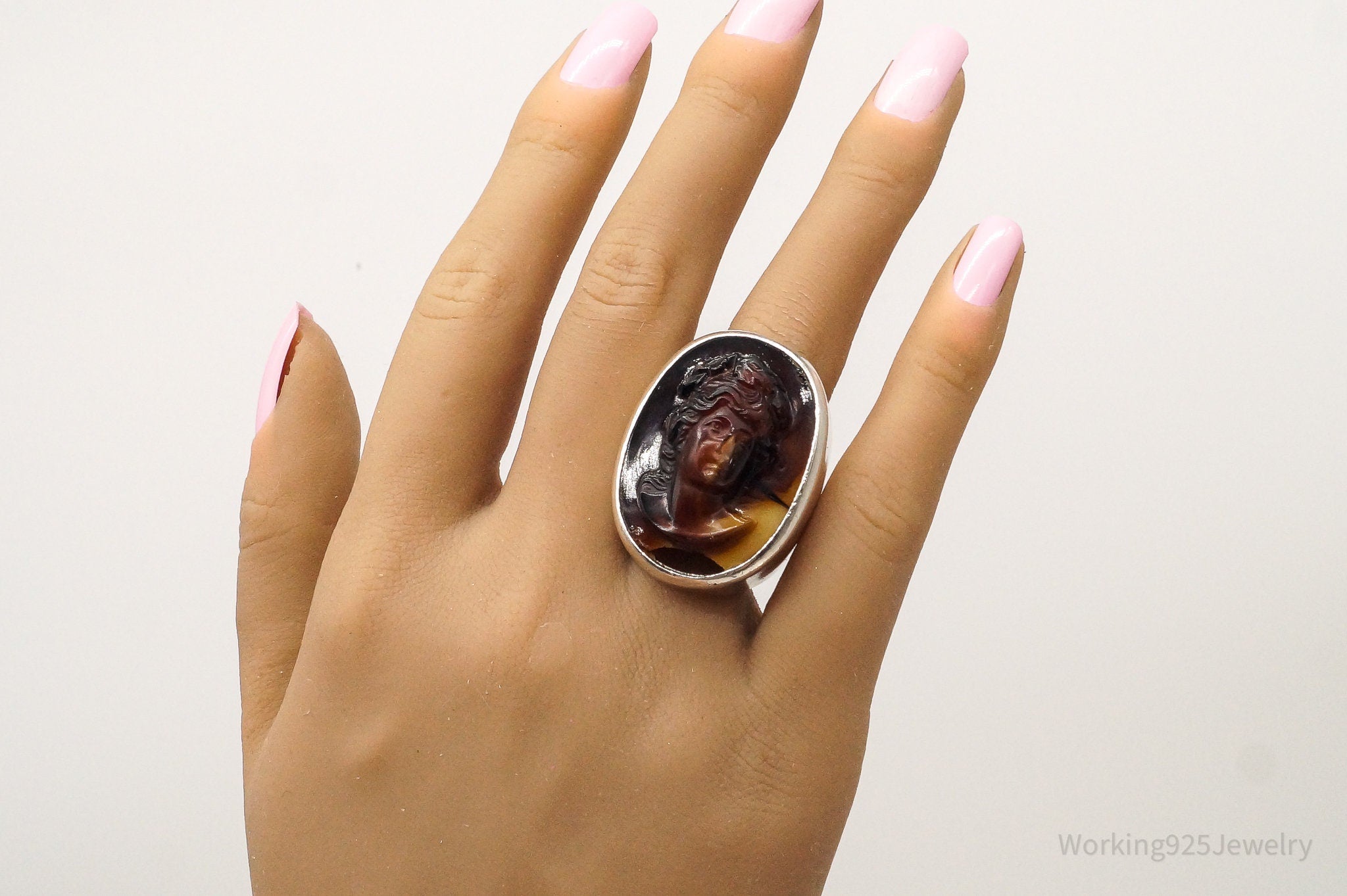Antique Large Carved Agate Woman Cameo Silver Ring - SZ 8
