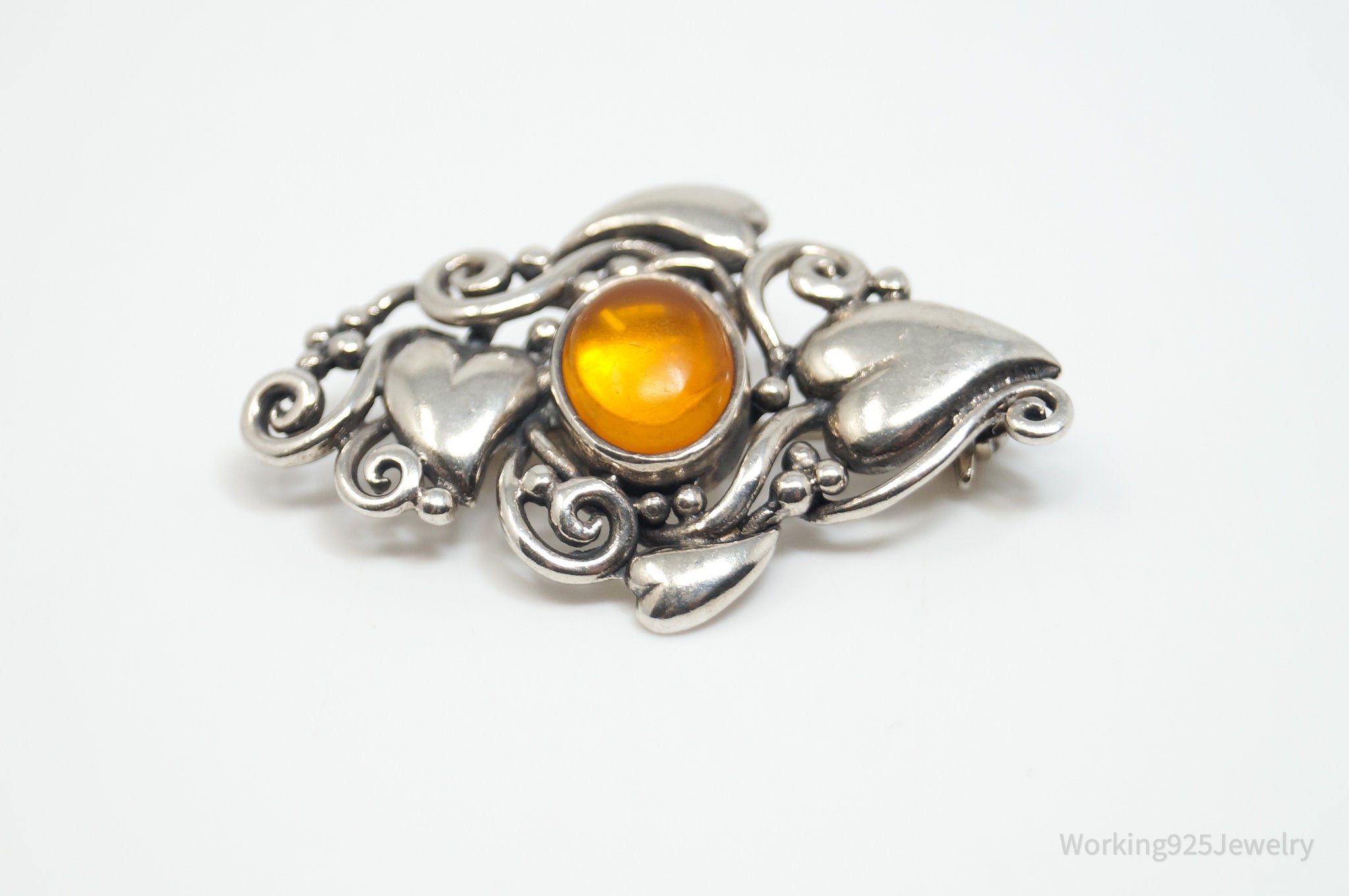 Vintage Designer BOMA Amber Heart Sterling Silver Brooch Pin