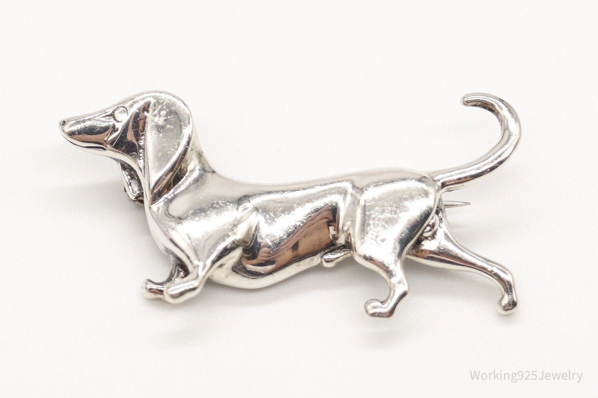 Vintage Designer Jerlaine Dachshund Weiner Dog Sterling Silver Brooch Pin