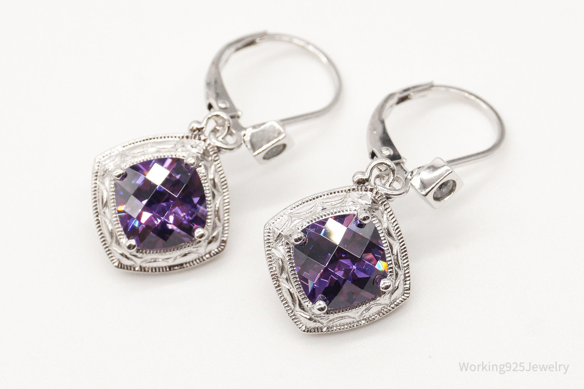 Vintage Designer Purple & White Cubic Zirconia Sterling Silver Earrings