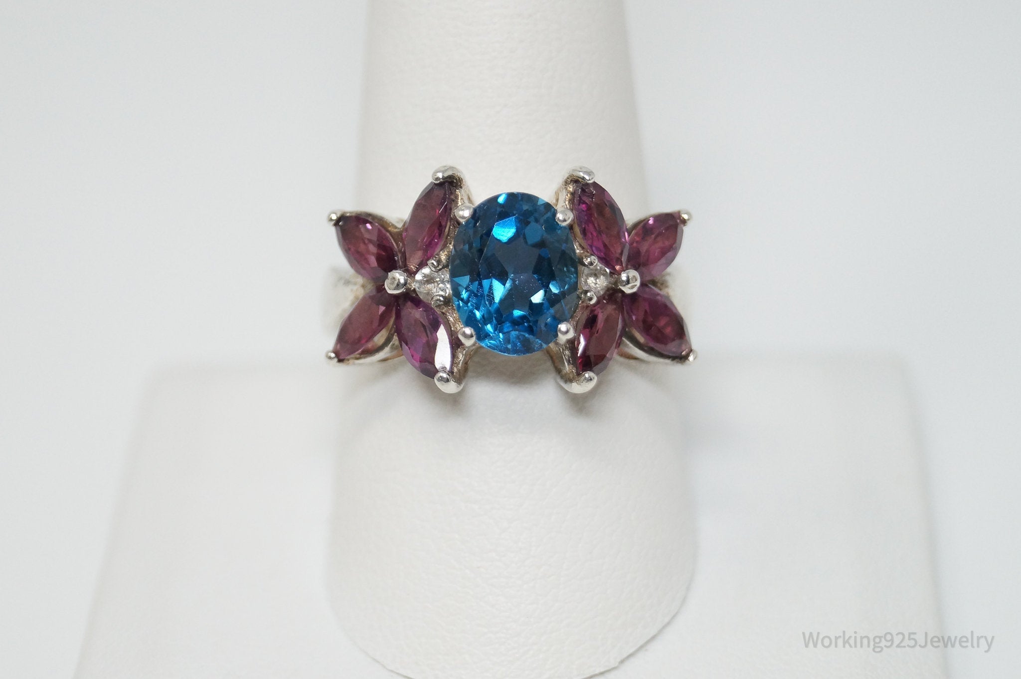 Vintage Blue Topaz Amethyst CZ Floral Sterling Silver Ring - Sz 9.5