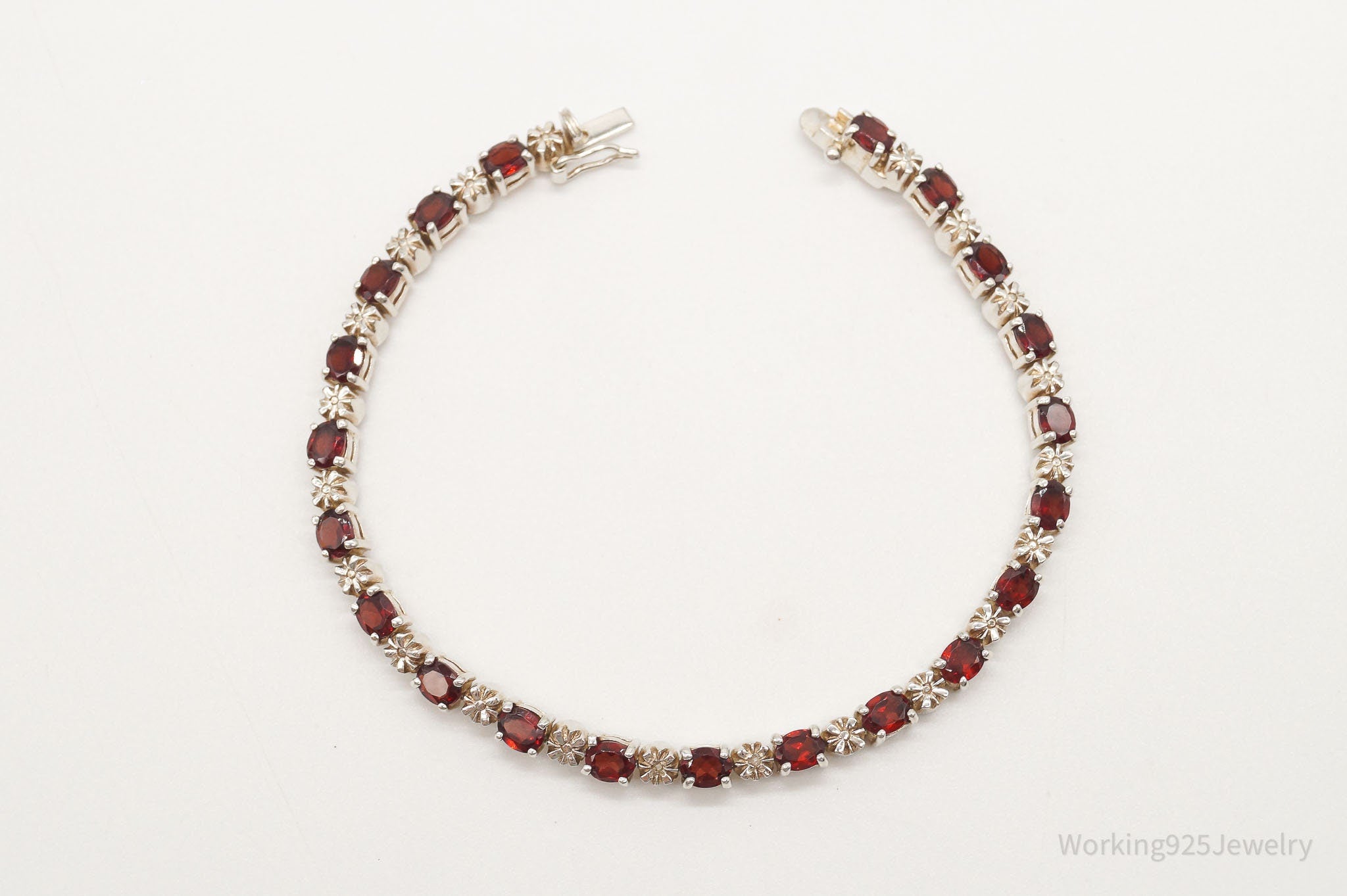 Vintage Garnet 2 Diamond Sterling Silver Bracelet