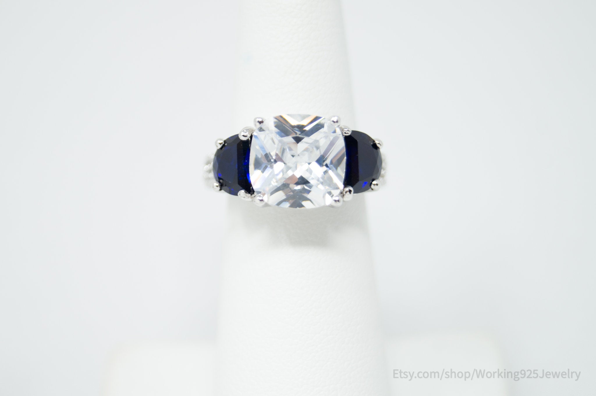 Vintage Designer CJW Art Deco CZ Sapphire Accented Sterling Ring - Size 5