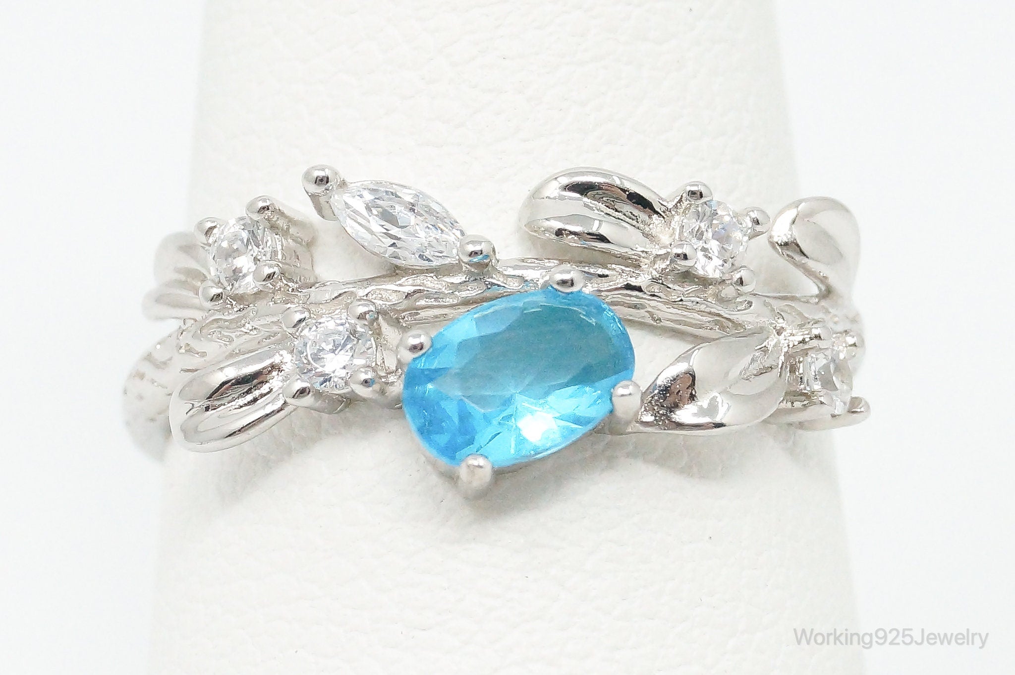 Blue Topaz Cubic Zirconia Branch & Leaves Sterling Silver Ring - Size 7.5 Adj.