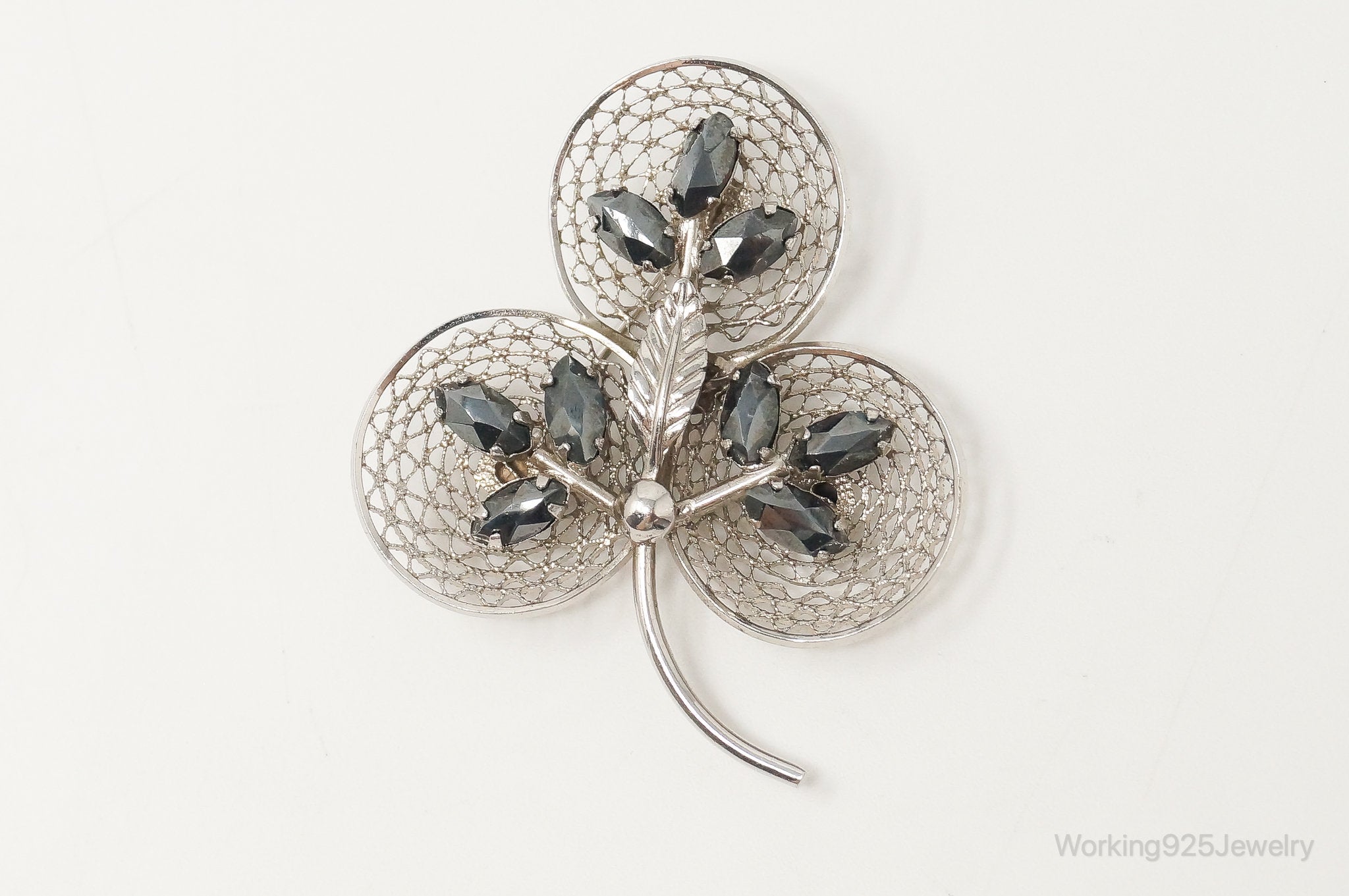 Vintage Designer Sorrento Hematite Clover Sterling Silver Brooch Pin