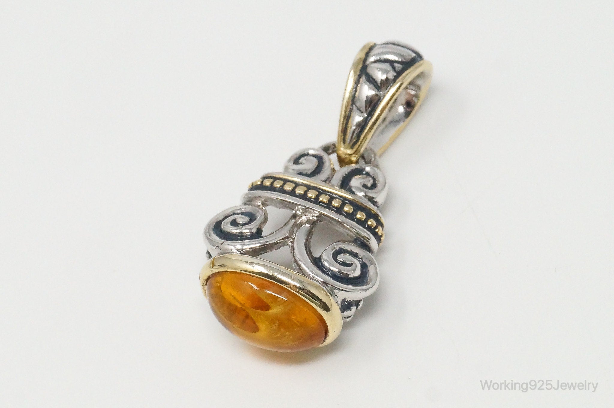 Large Vintage Amber Gold Vermeil Sterling Silver Necklace Pendant