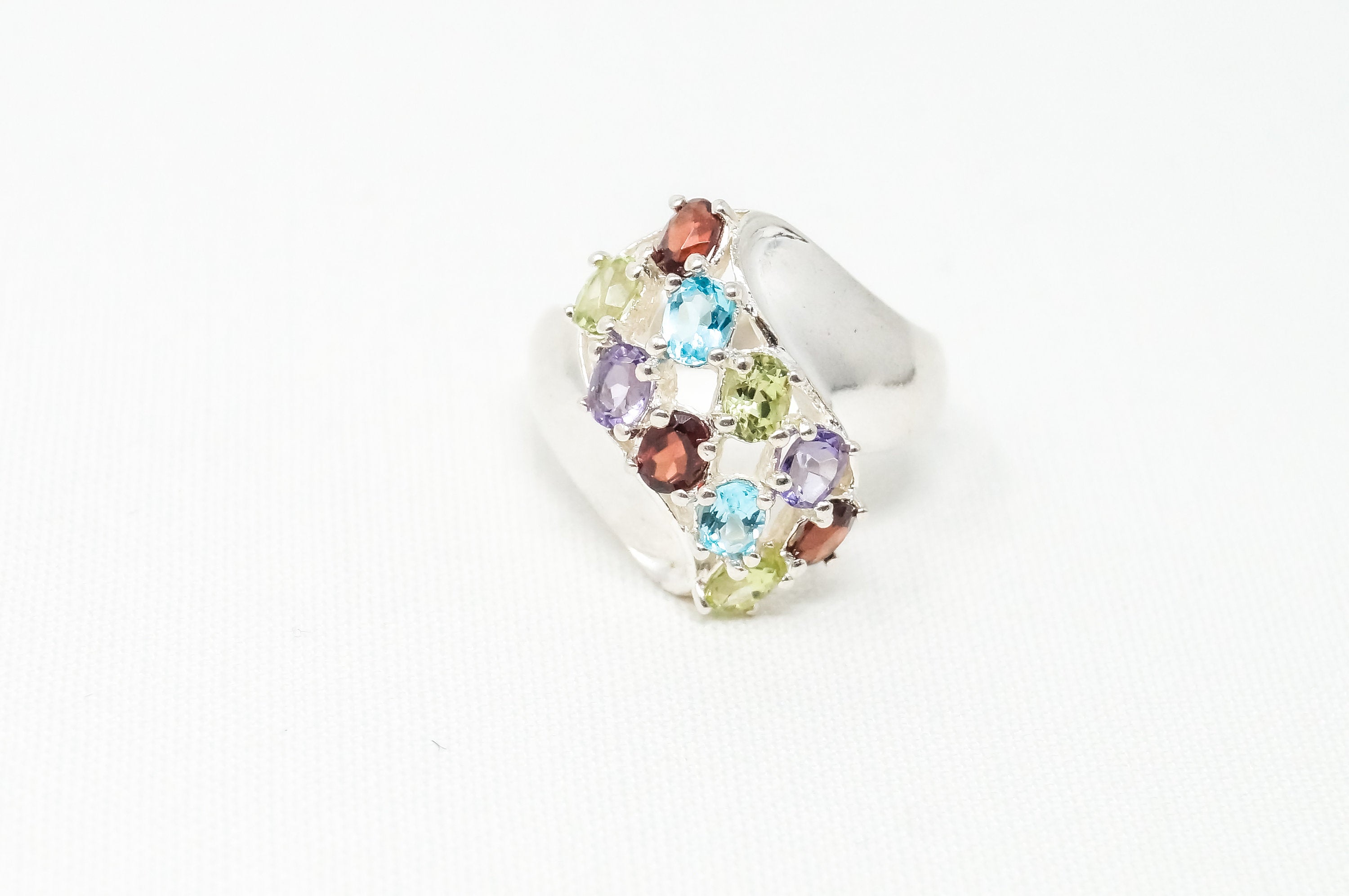 Vintage Art Deco Blue Topaz Amethyst Peridot Garnet Sterling Silver Ring Sz 6.5