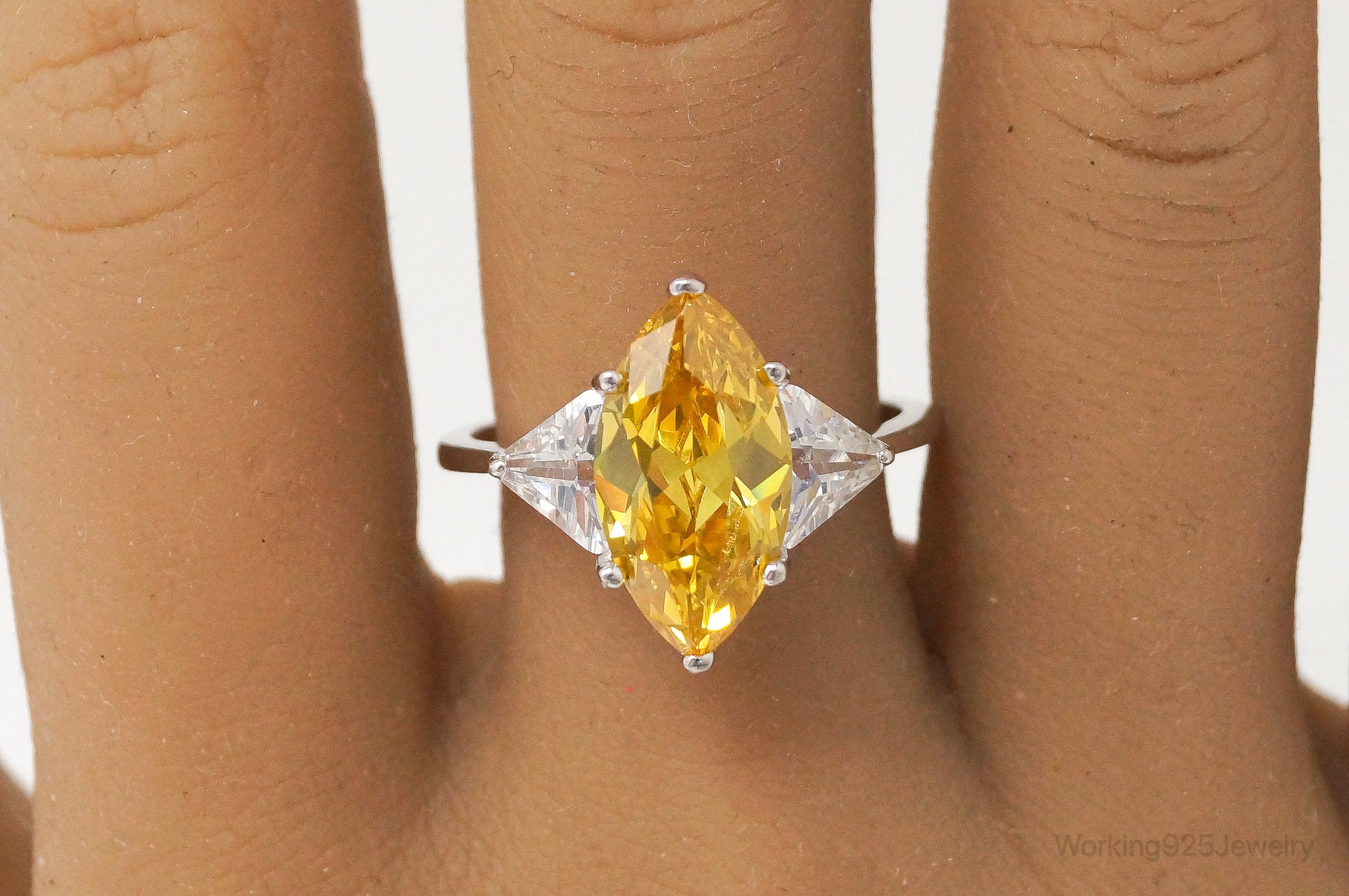 Large Citrine Cubic Zirconia Sterling Silver Statement Ring - Size 9