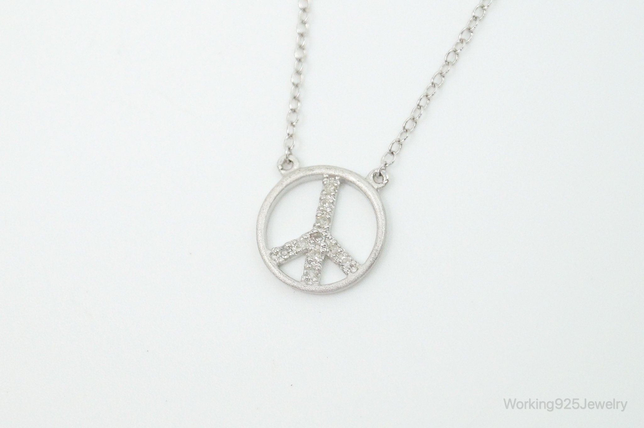 Vintage Cubic Zirconia Peace Sign Sterling Silver Necklace